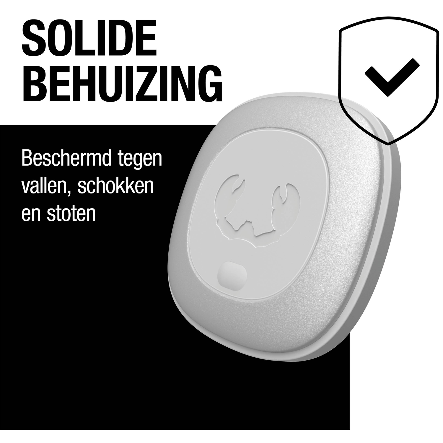 A gray, rounded device with a crab-like symbol on a white background. Text in Dutch: Solid Housing, Protected against falls, shocks, and impacts.