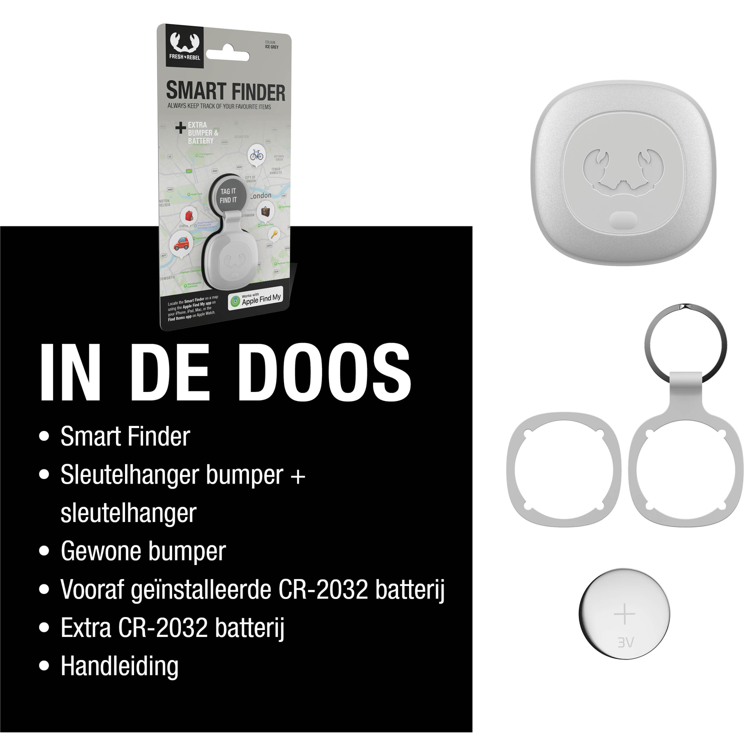 A product package with a smart finder, bumper, keychain, battery, and instructions, all in white and gray.