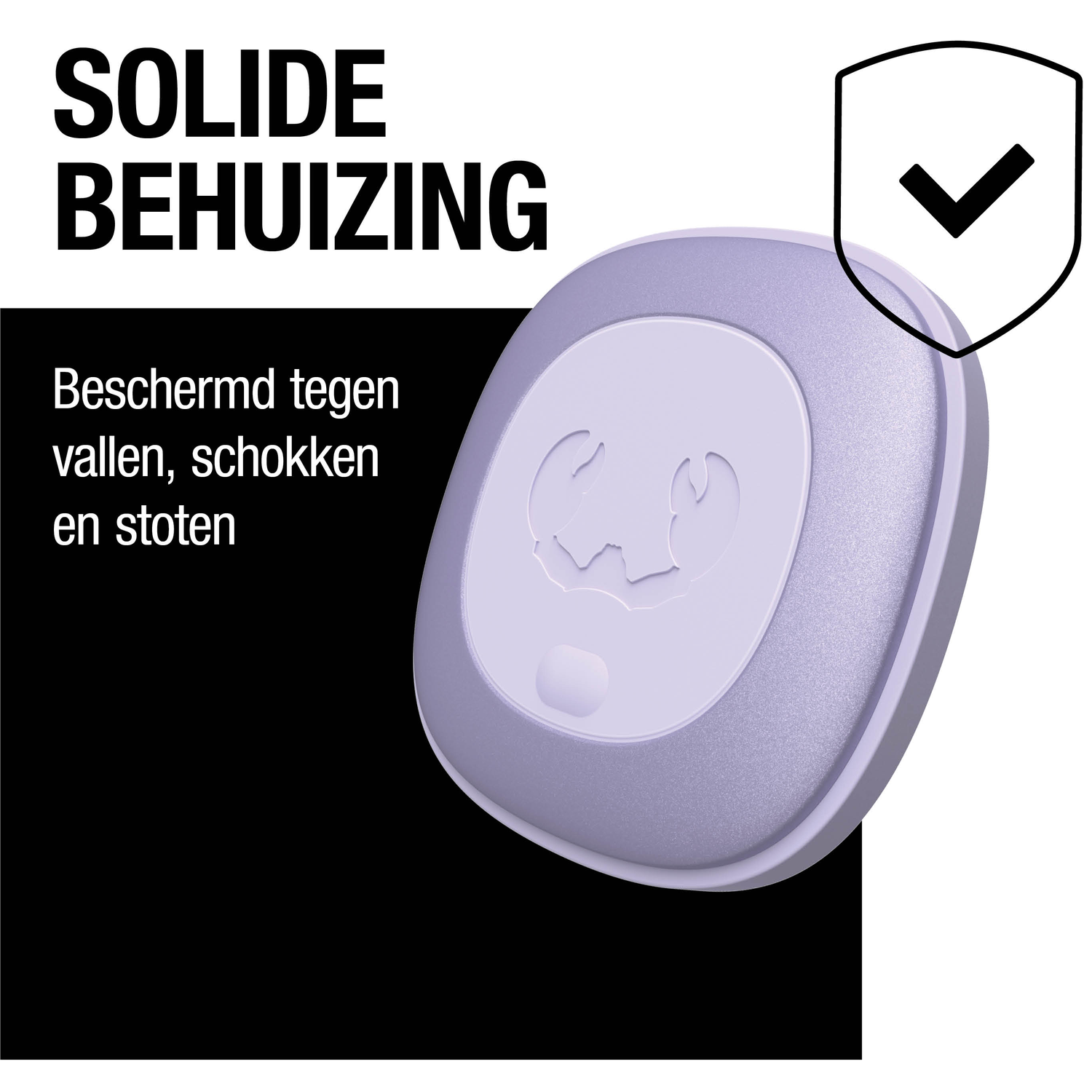 A light purple, oval device with a logo is displayed. Text states 'Solid Housing' and 'Protected against falls, shocks, and impacts'.