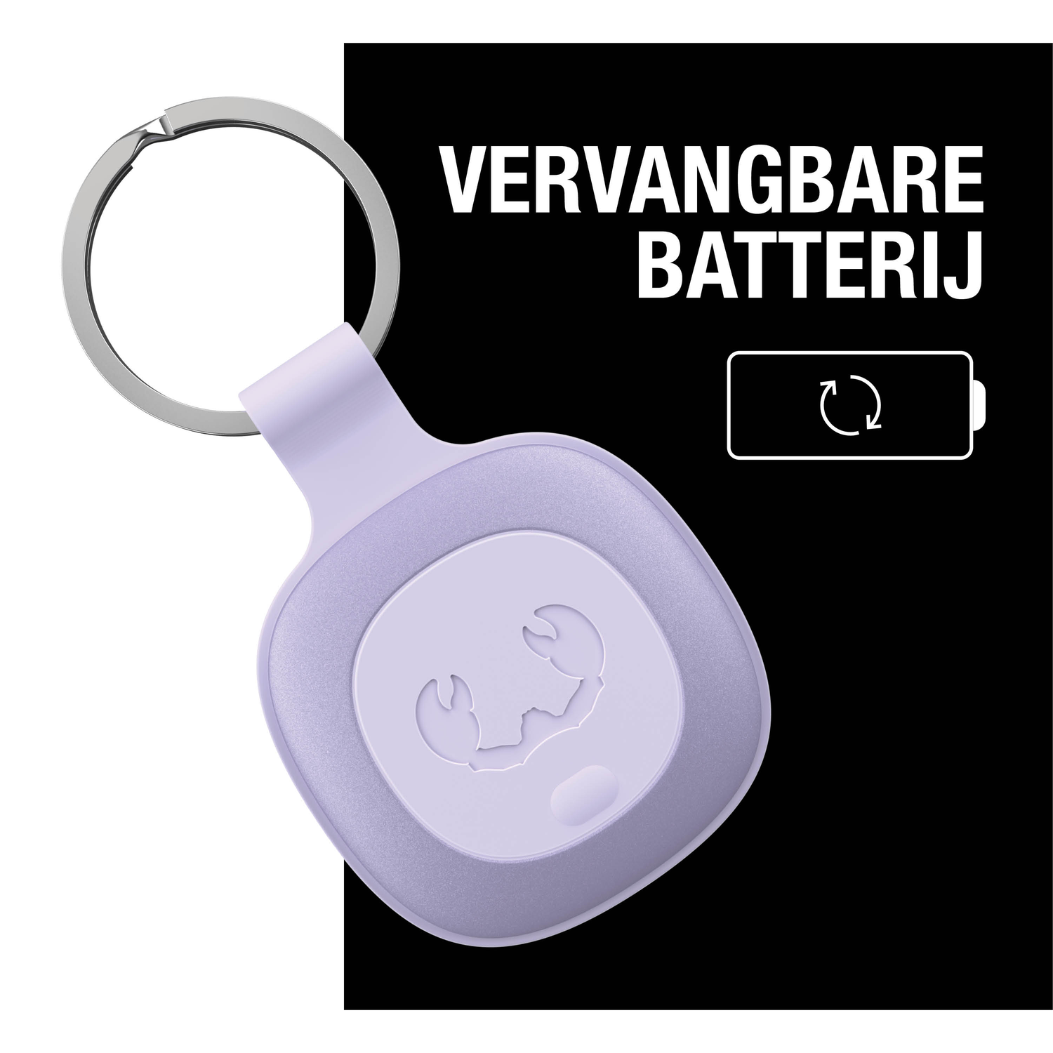 A light purple keychain with a silver ring. The text reads 'VERVANGBARE BATTERIJ'. There is a battery icon with a recycle symbol.