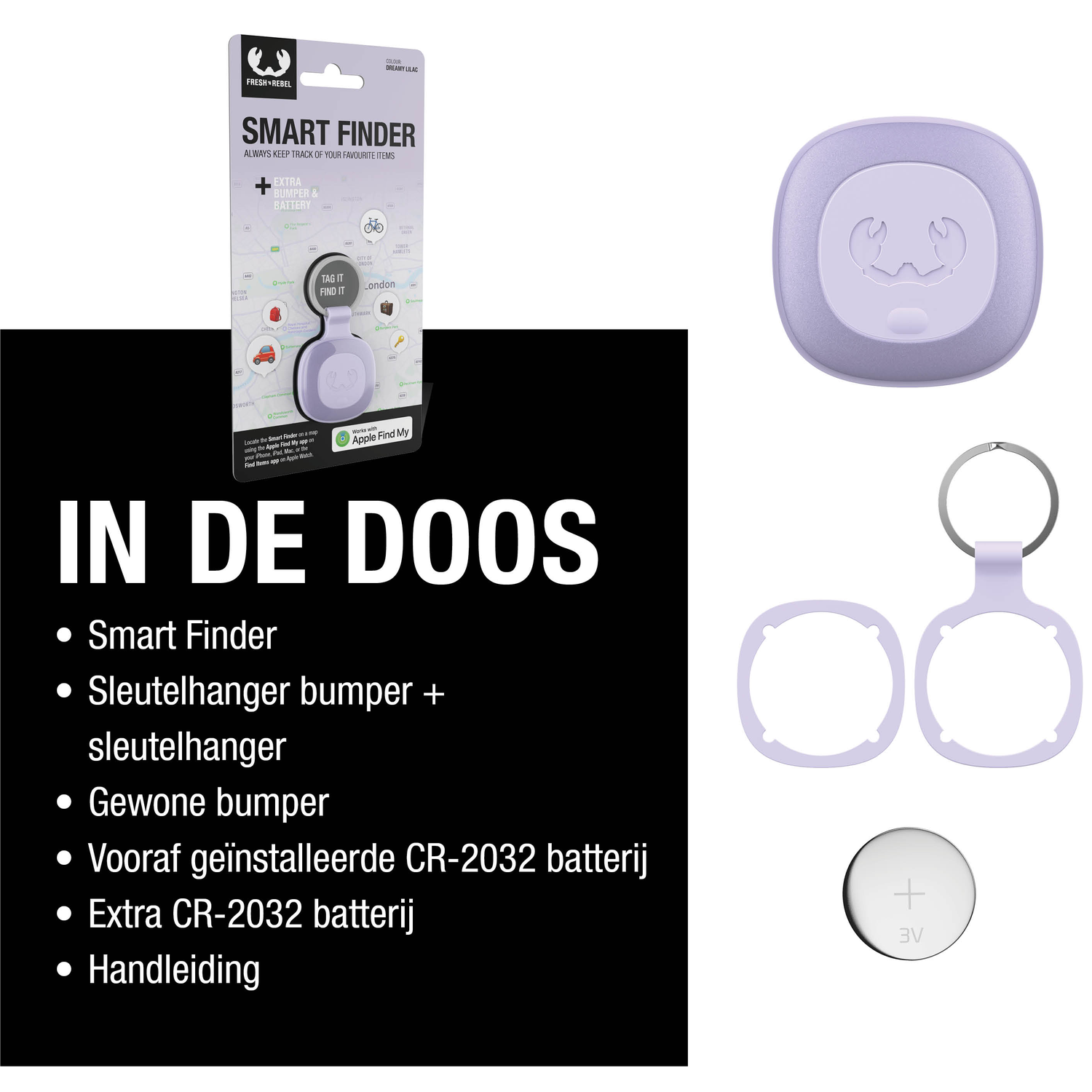 A Smart Finder product set. Includes the finder itself, a key ring, a bumper, a battery, and packaging.