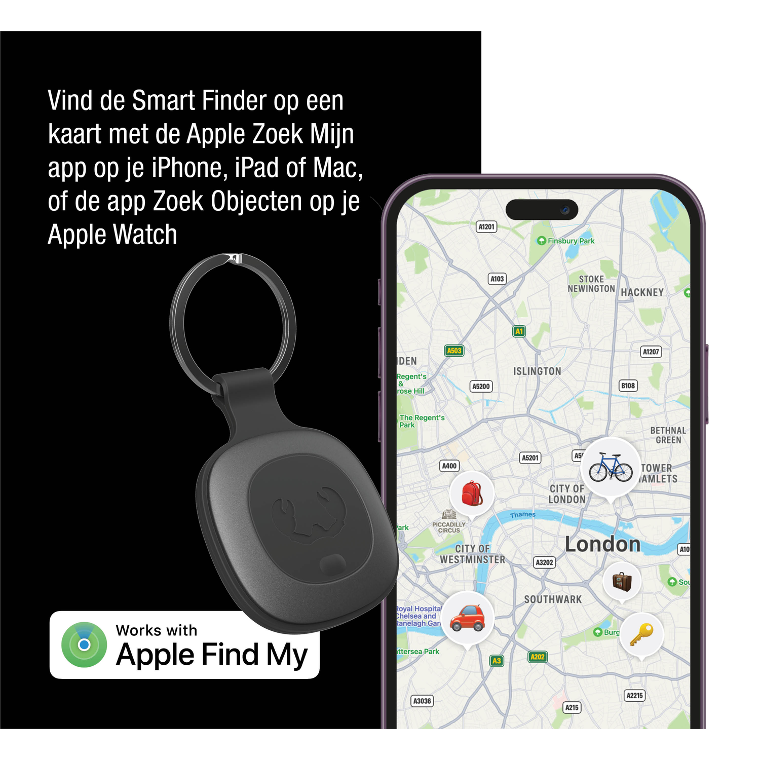 A black Smart Finder on a keychain, map of London on a phone screen, with 'Apple Find My' logo.