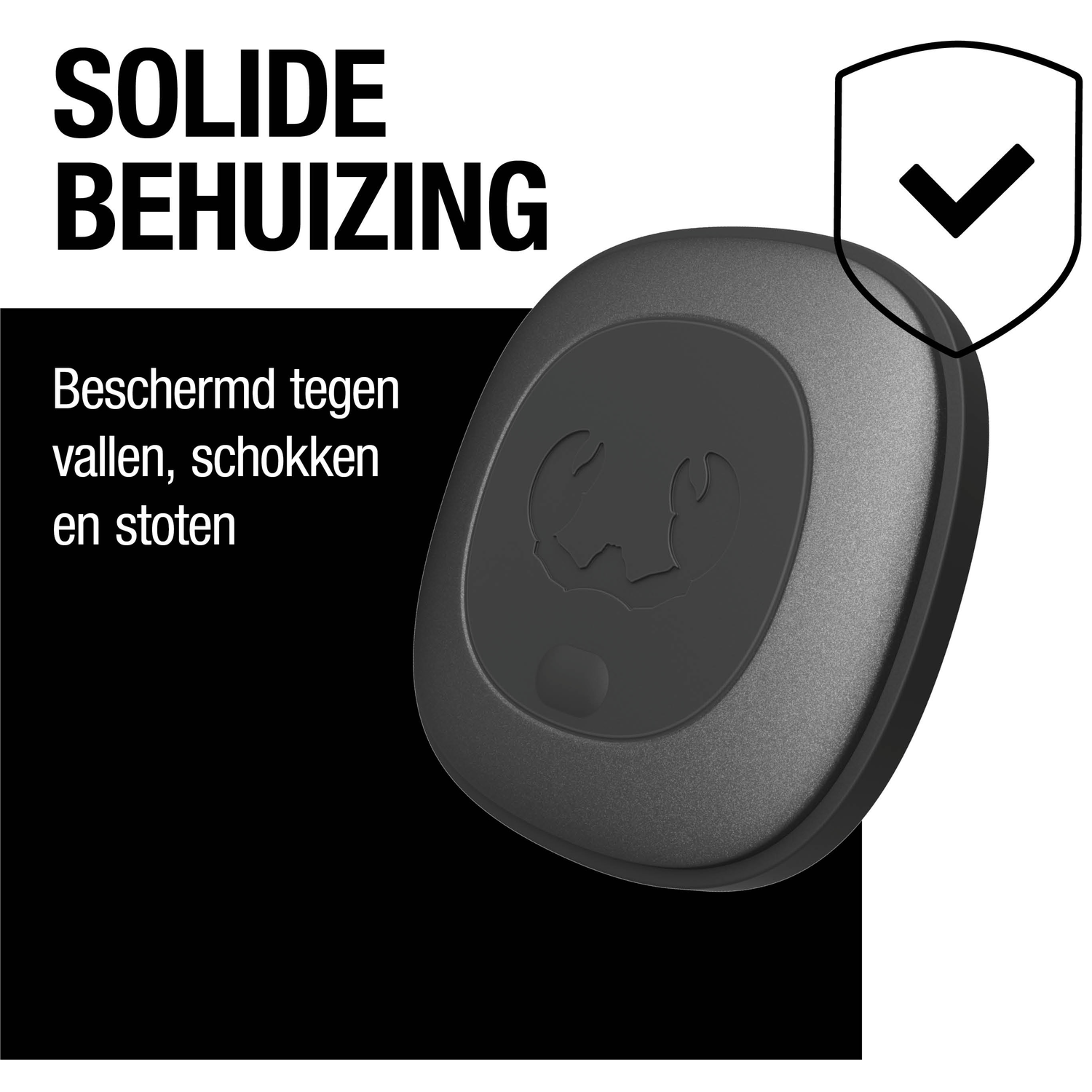 A black, oval-shaped device. Text says 'Solid housing'. A shield with a checkmark is in the background. Text: 'Protected against falls, shocks, and bumps'.