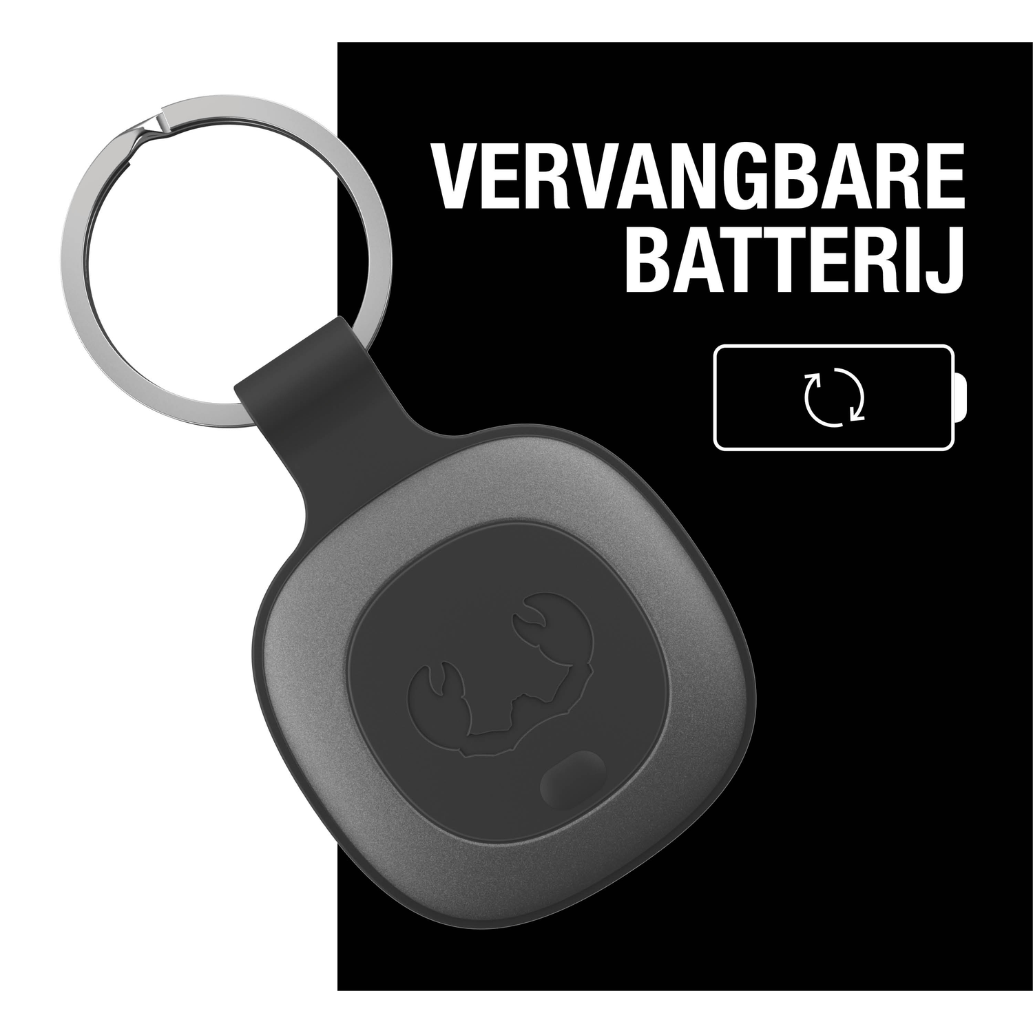 A black and gray key fob with a silver keyring, text in Dutch saying 'Replaceable Battery'.