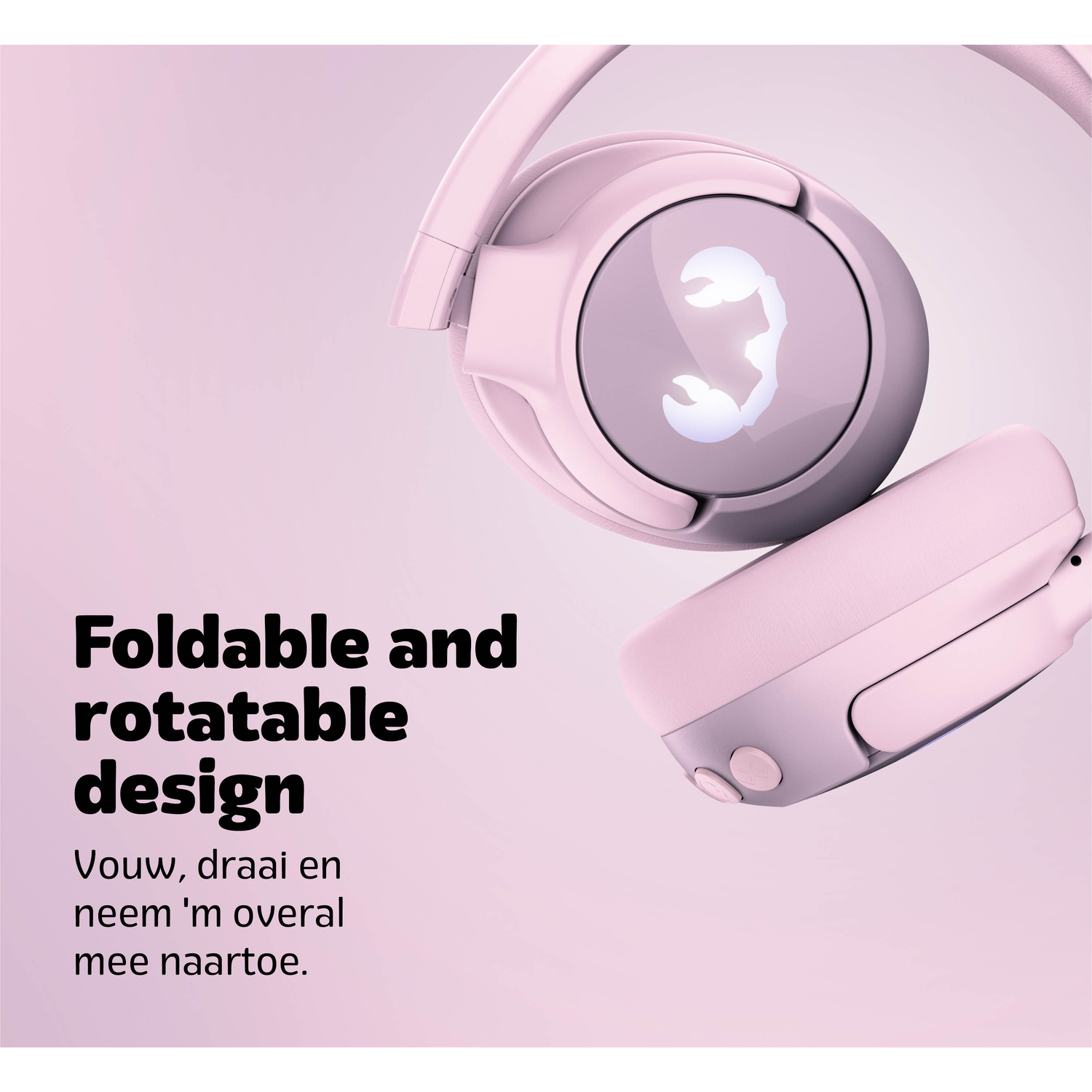 Pink headphones with a scorpion logo. Text: Foldable and rotatable design.