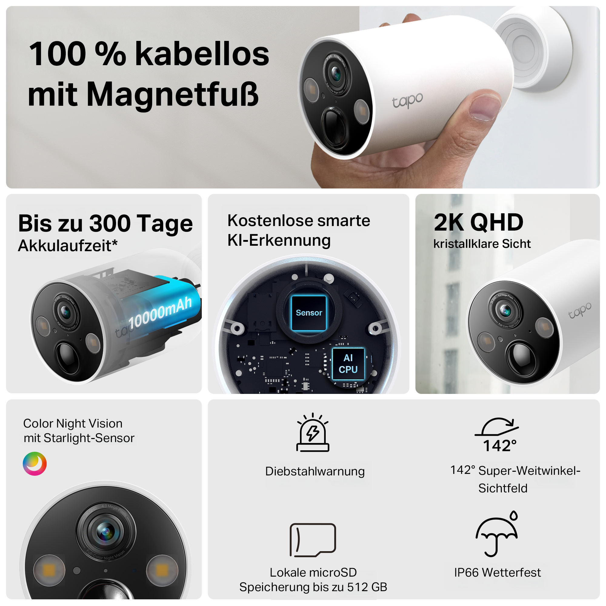 Weiße Überwachungskamera mit Funktionen wie 2K QHD, Nachtsicht und KI. Zeigt Akkulaufzeit und Wetterfestigkeit.