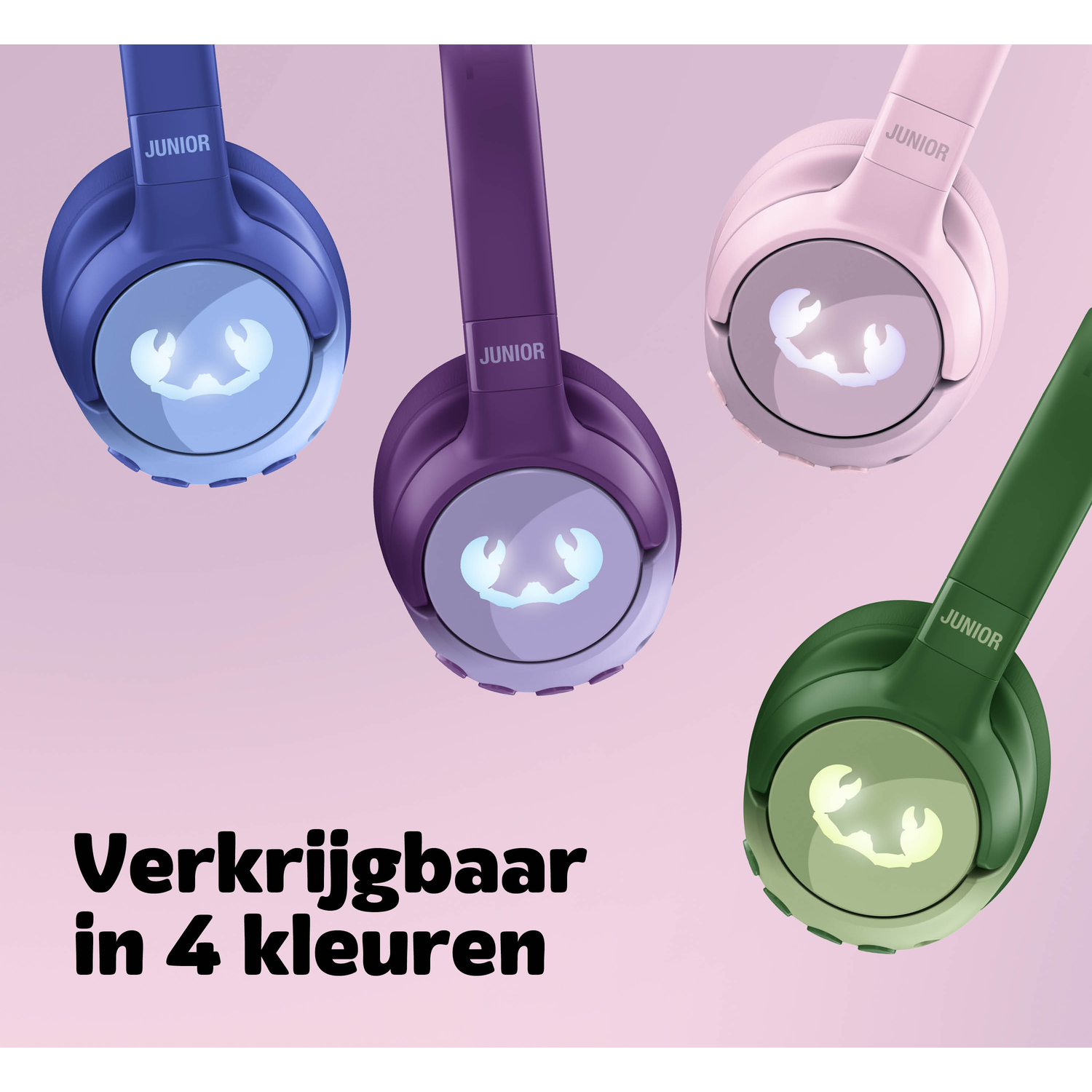 Four colorful headphones (blue, purple, pink, green) with glowing logo on a pink background. Text: Verkrijgbaar in 4 kleuren (Available in 4 colors).