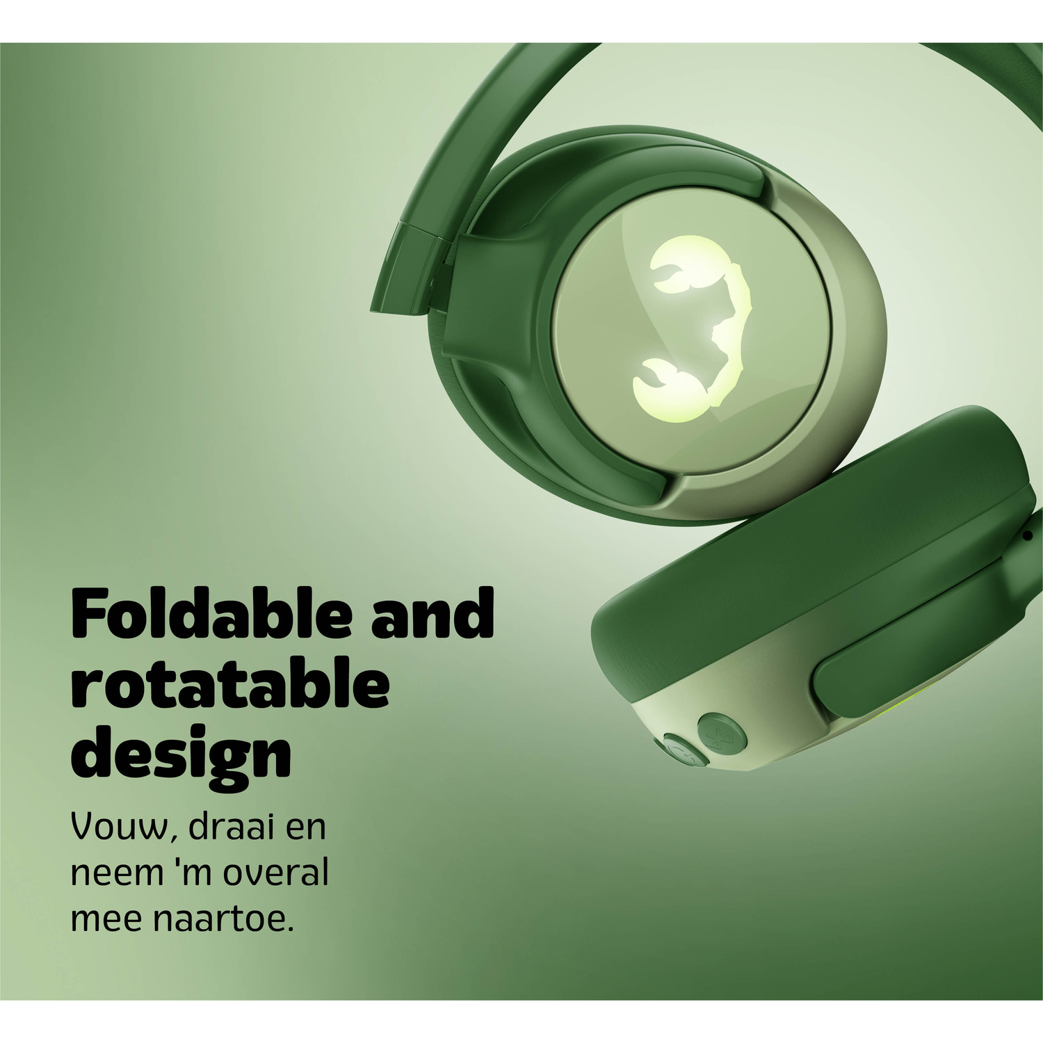 Green headphones with a foldable design. The ear cup shows a scorpion symbol. Text says 'Foldable and rotatable design'.