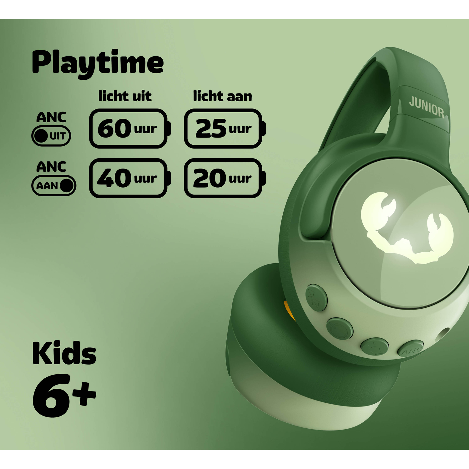 Green kids' headphones with playtime details. Displays battery life with ANC on/off. Text includes 'Playtime', 'Kids 6+' and 'Junior'.