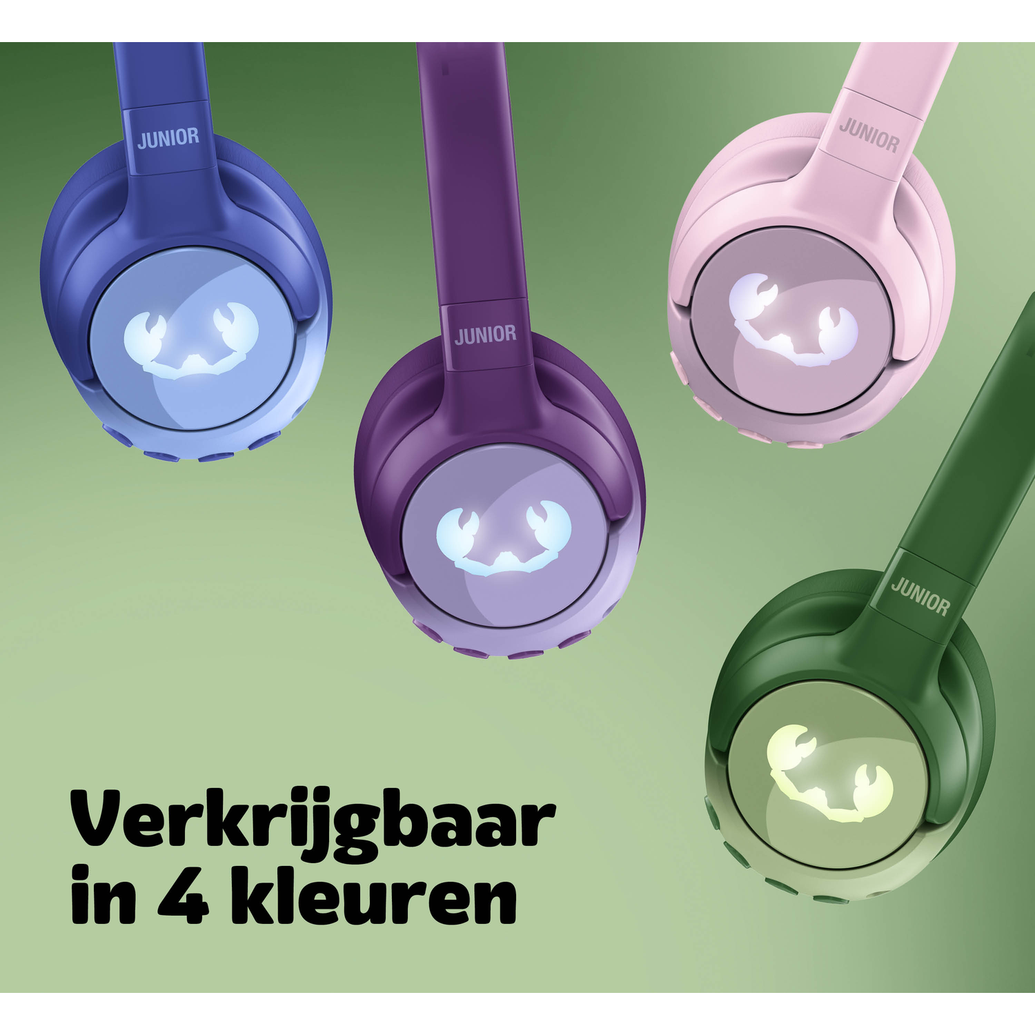 Four colorful headphones: blue, purple, pink, and green. Each has a crab logo. Text says: Available in 4 colors.