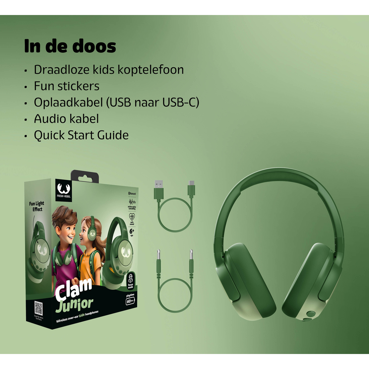 Green kids headphones, box with two children wearing headphones. Cables and a quick start guide are also visible.