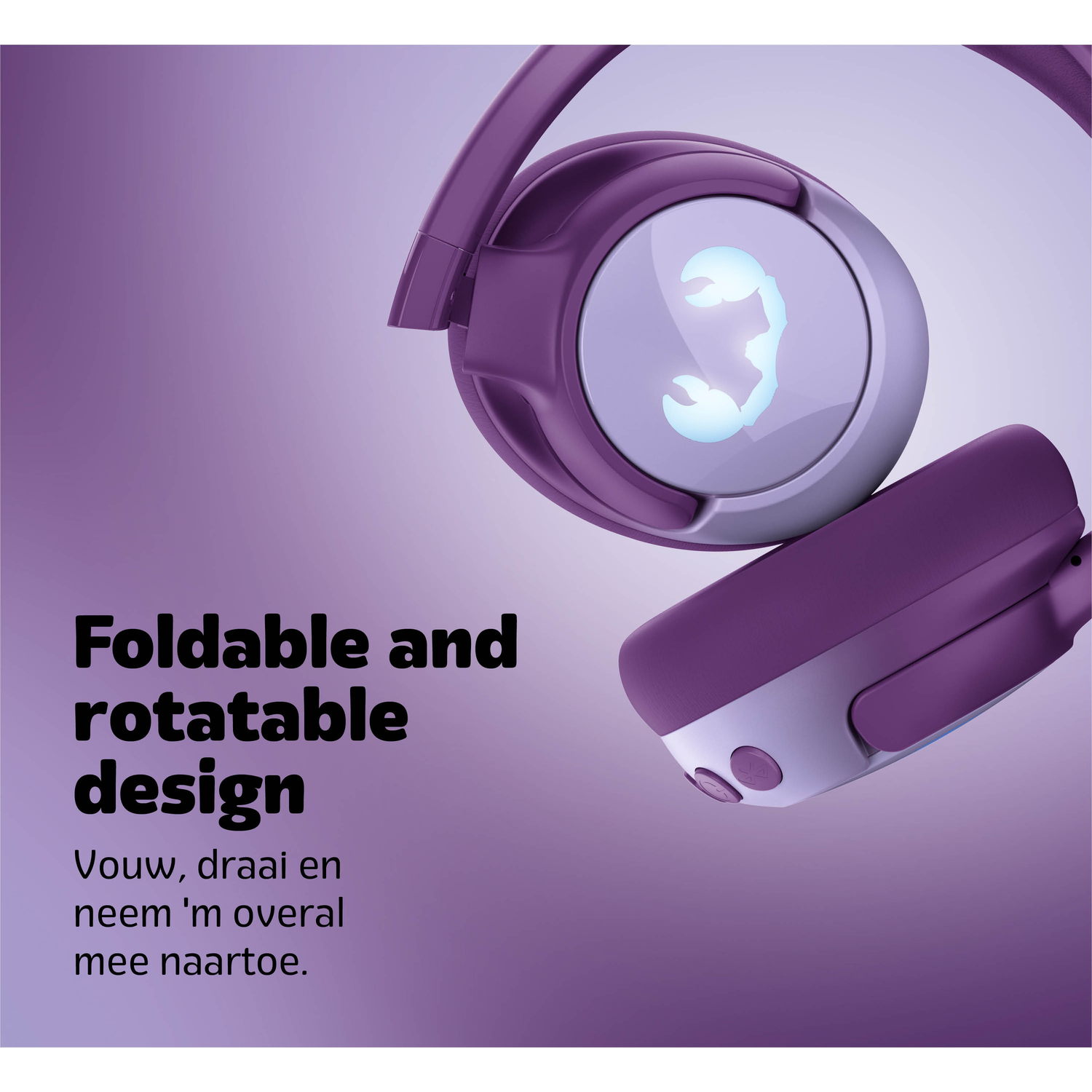 Purple headphones with a white circle and symbol. Text says 'Foldable and rotatable design' and a call to action in Dutch.