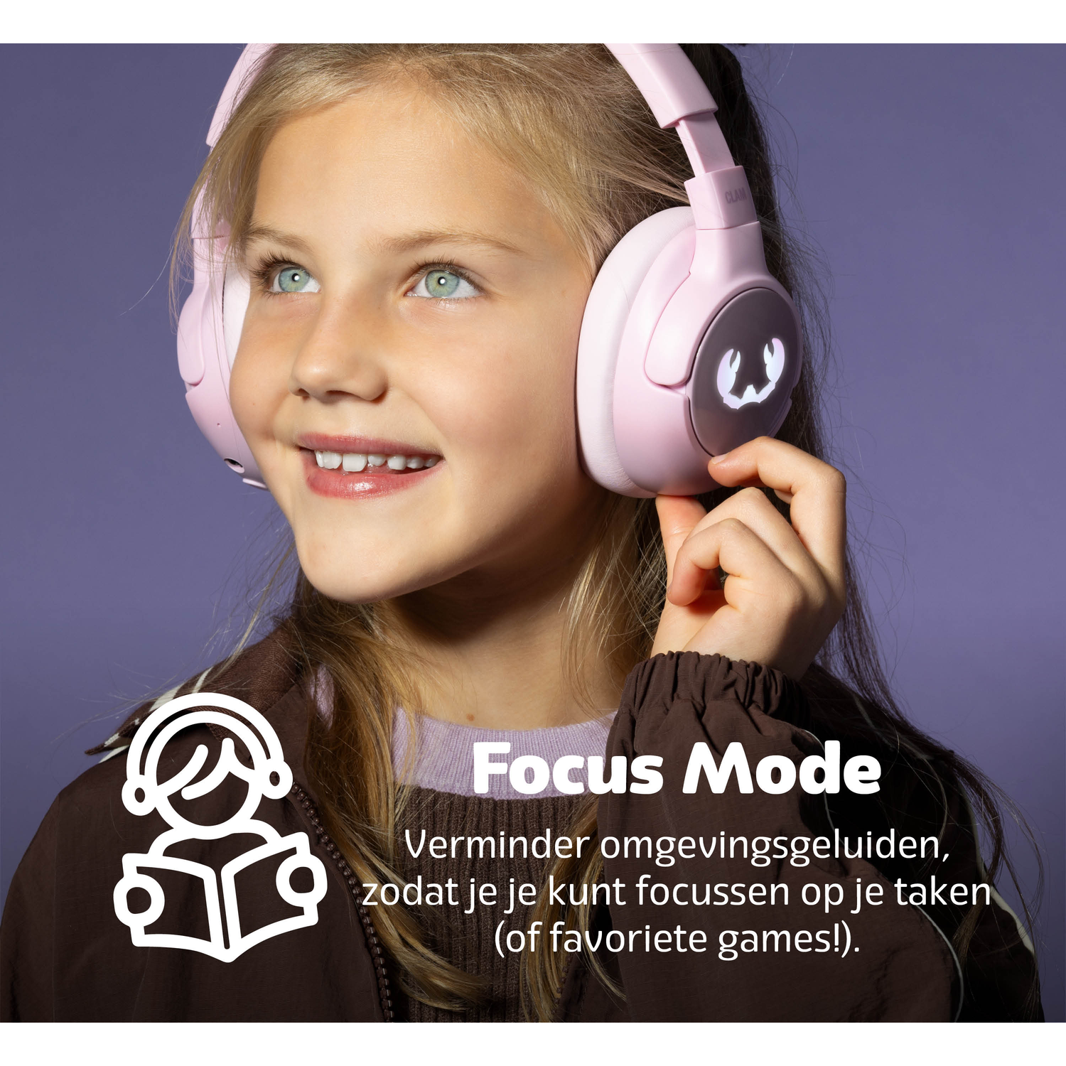 A young girl with pink headphones smiles. Text says 'Focus Mode.' The background is purple.