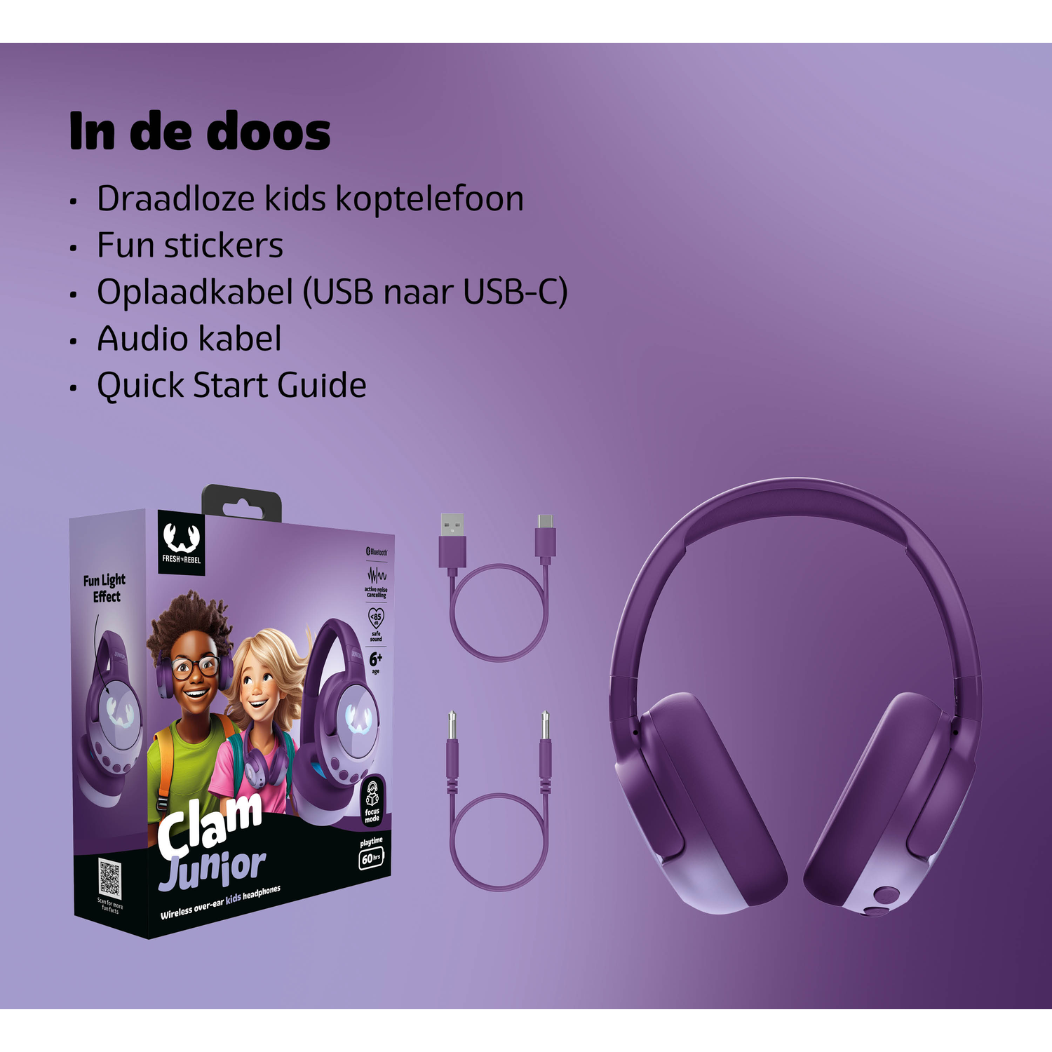 Purple headphones, box with kids, cables, and text: 'Clam Junior', 'Wireless over-ear kids headphones'.