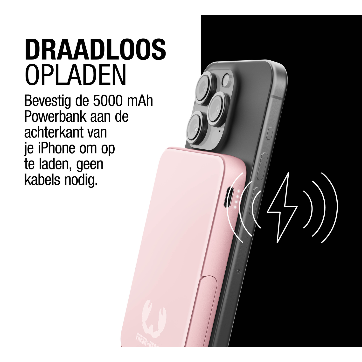 A pink power bank charging a black iPhone wirelessly. White lightning bolt and signal waves indicate wireless charging.