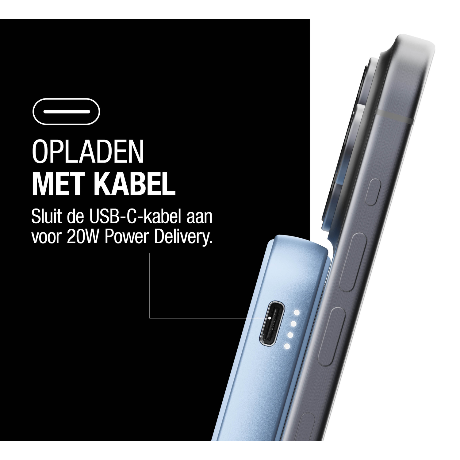 A phone is charging with a blue power bank. Text says 'Charging with cable'. The USB-C cable is connected. White background.