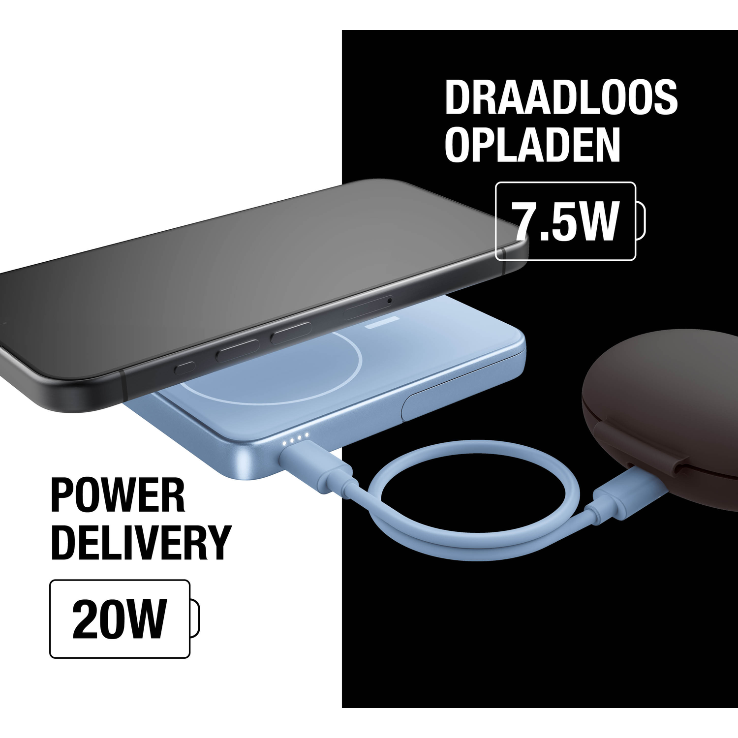 Phone charging wirelessly on a blue pad. A cable connects the pad to a case. Text: Power delivery 20W, Wireless charging 7.5W.