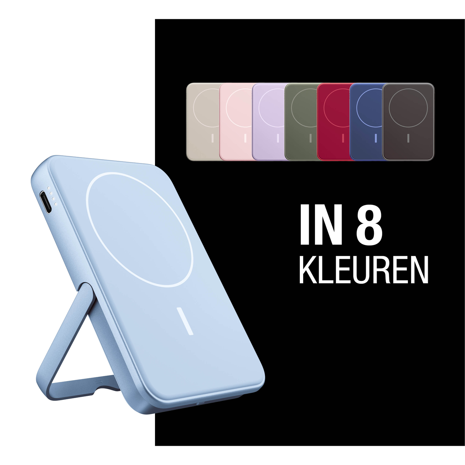A light blue wireless charger with a stand, and 8 color options displayed on a black background.