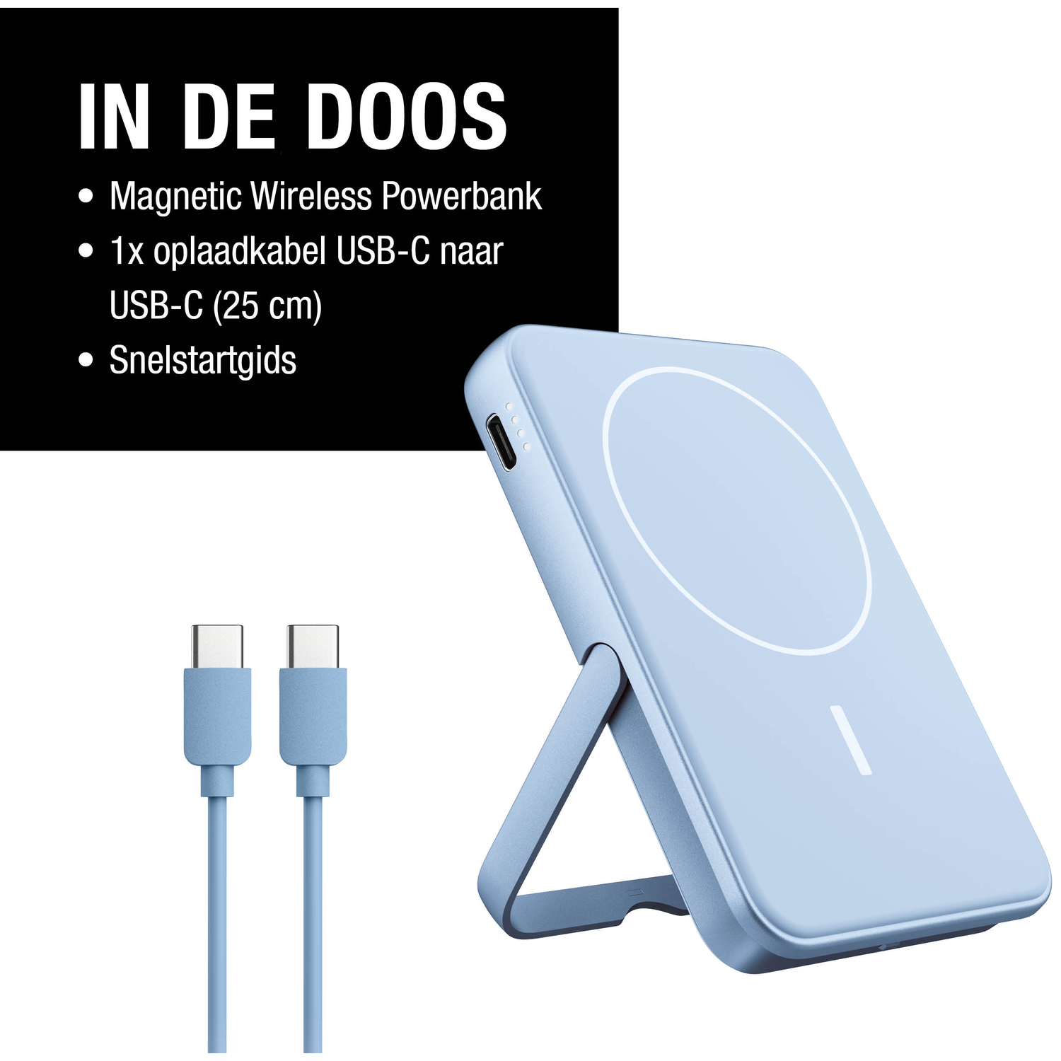 A light blue magnetic wireless power bank with a USB-C cable and a quick start guide. The power bank has a stand.