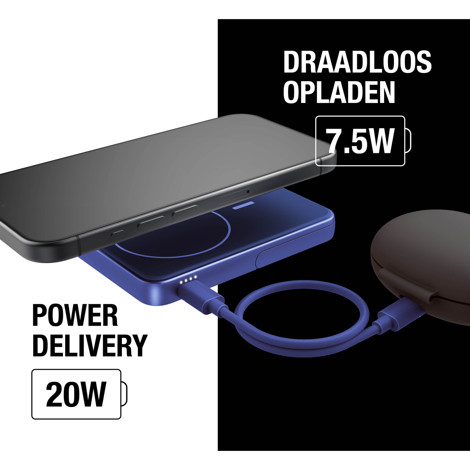 Een telefoon laadt draadloos op een blauwe pad. De tekst geeft 7,5 W draadloos opladen en 20 W stroomtoevoer aan.