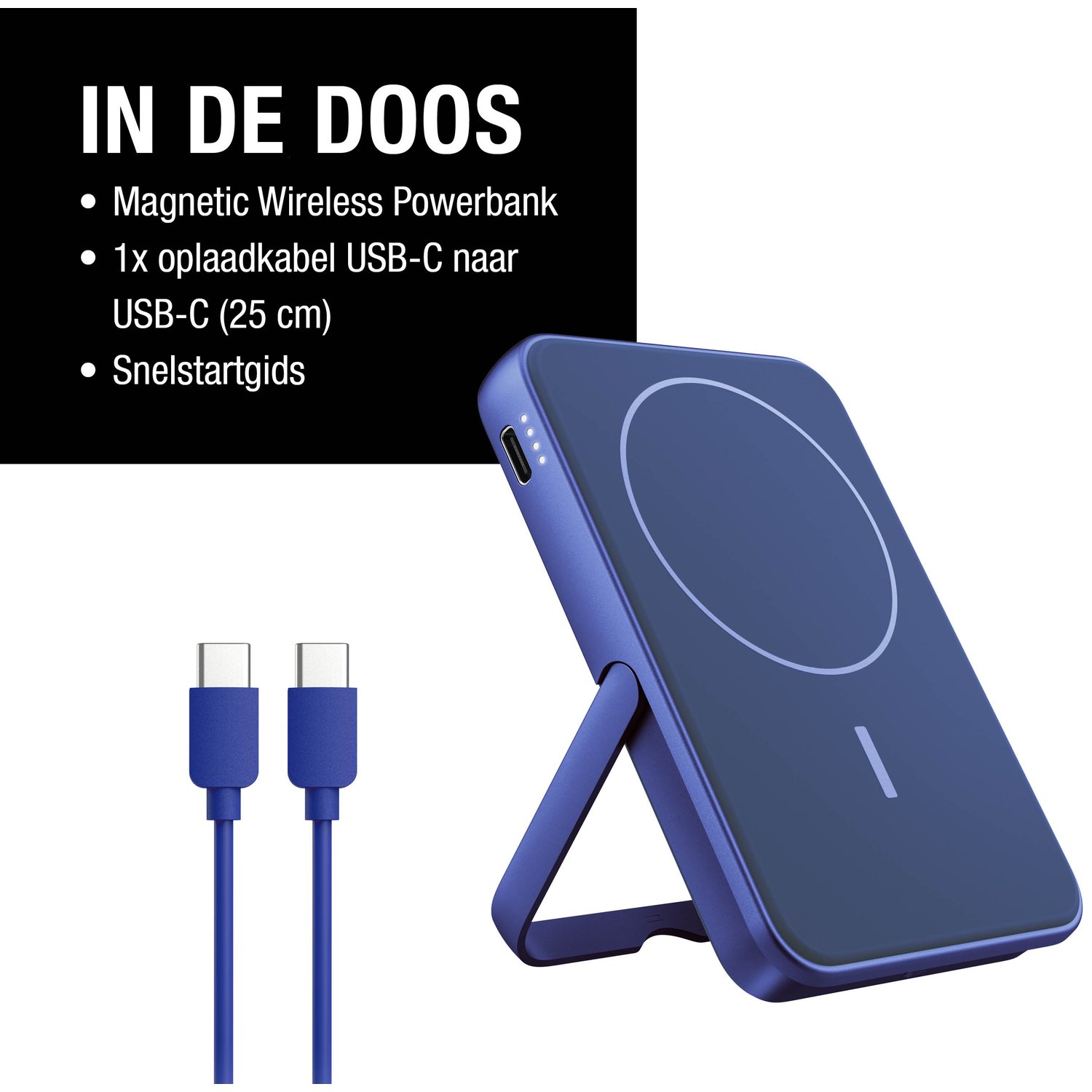 Een blauwe magnetische draadloze powerbank met USB-C kabels en een snelstartgids op een witte achtergrond.