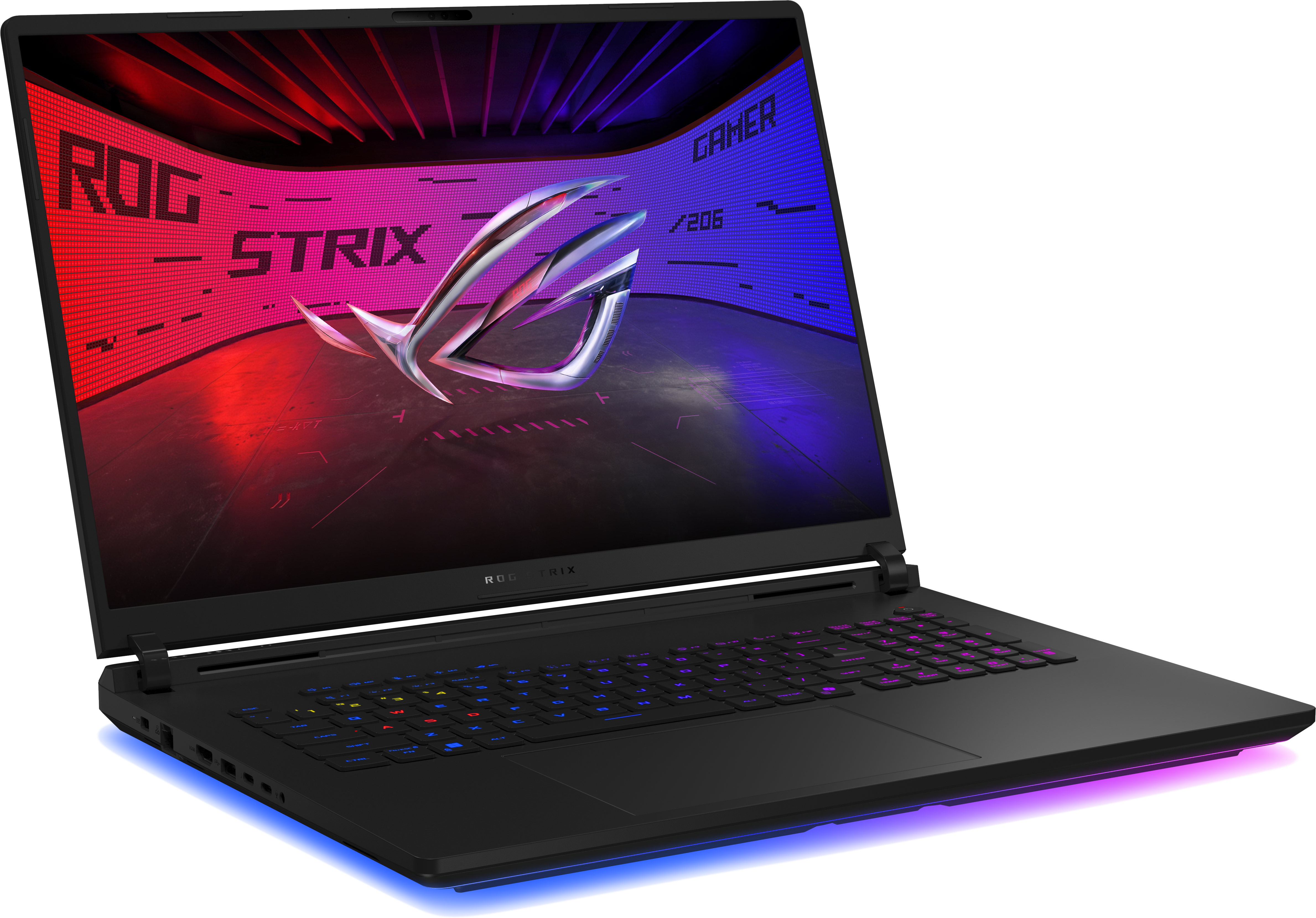 Schwarzer Laptop mit beleuchteter Tastatur. Der Bildschirm zeigt das ROG Strix Logo. Der Hintergrund ist rot und blau.