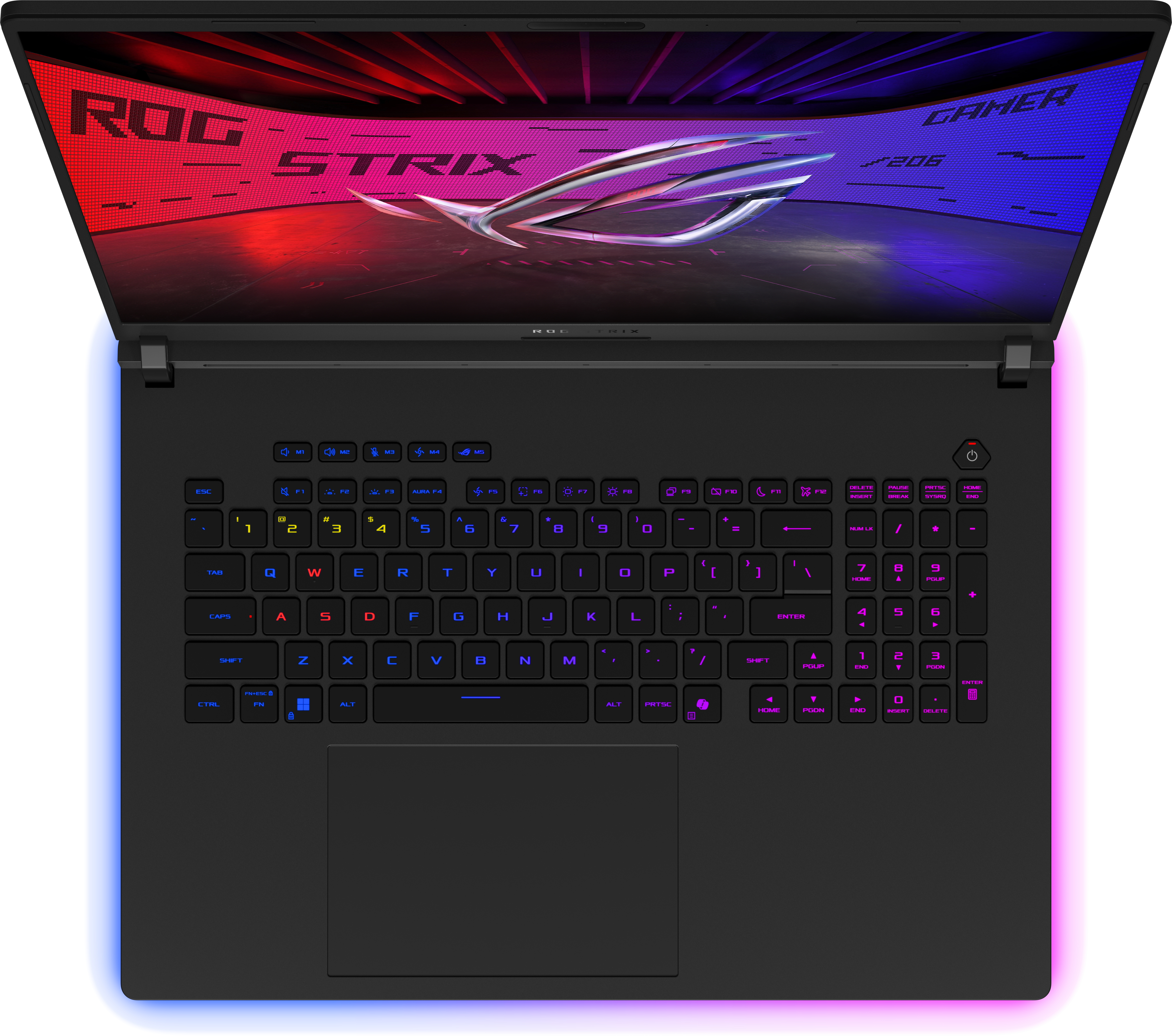 Draufsicht auf einen schwarzen Laptop mit beleuchteter Tastatur. Der Bildschirm zeigt ROG STRIX Logo und Text.