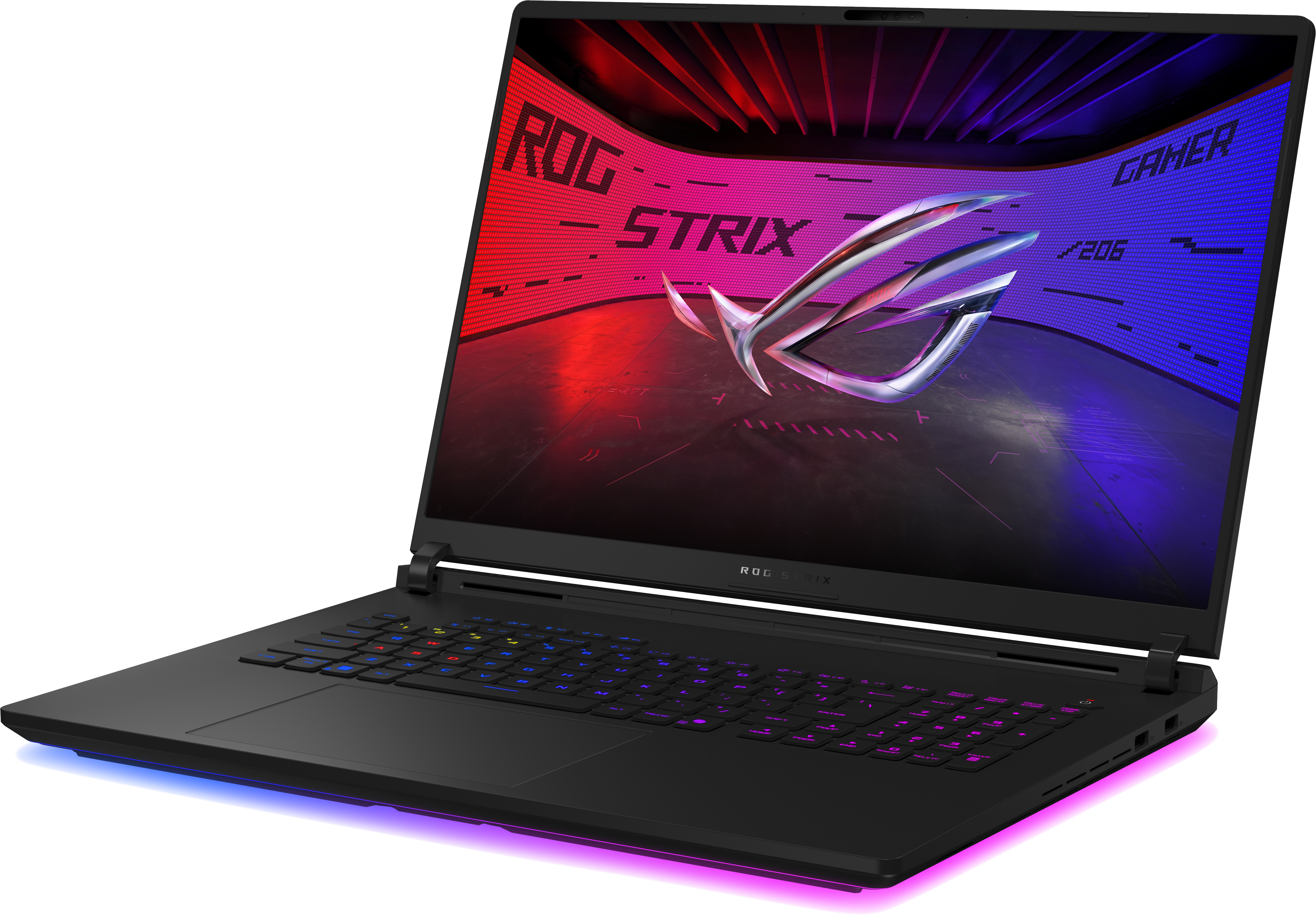 Schwarzer Laptop mit bunter Tastatur, Bildschirm zeigt ROG STRIX Logo. RGB-Lichter unten.