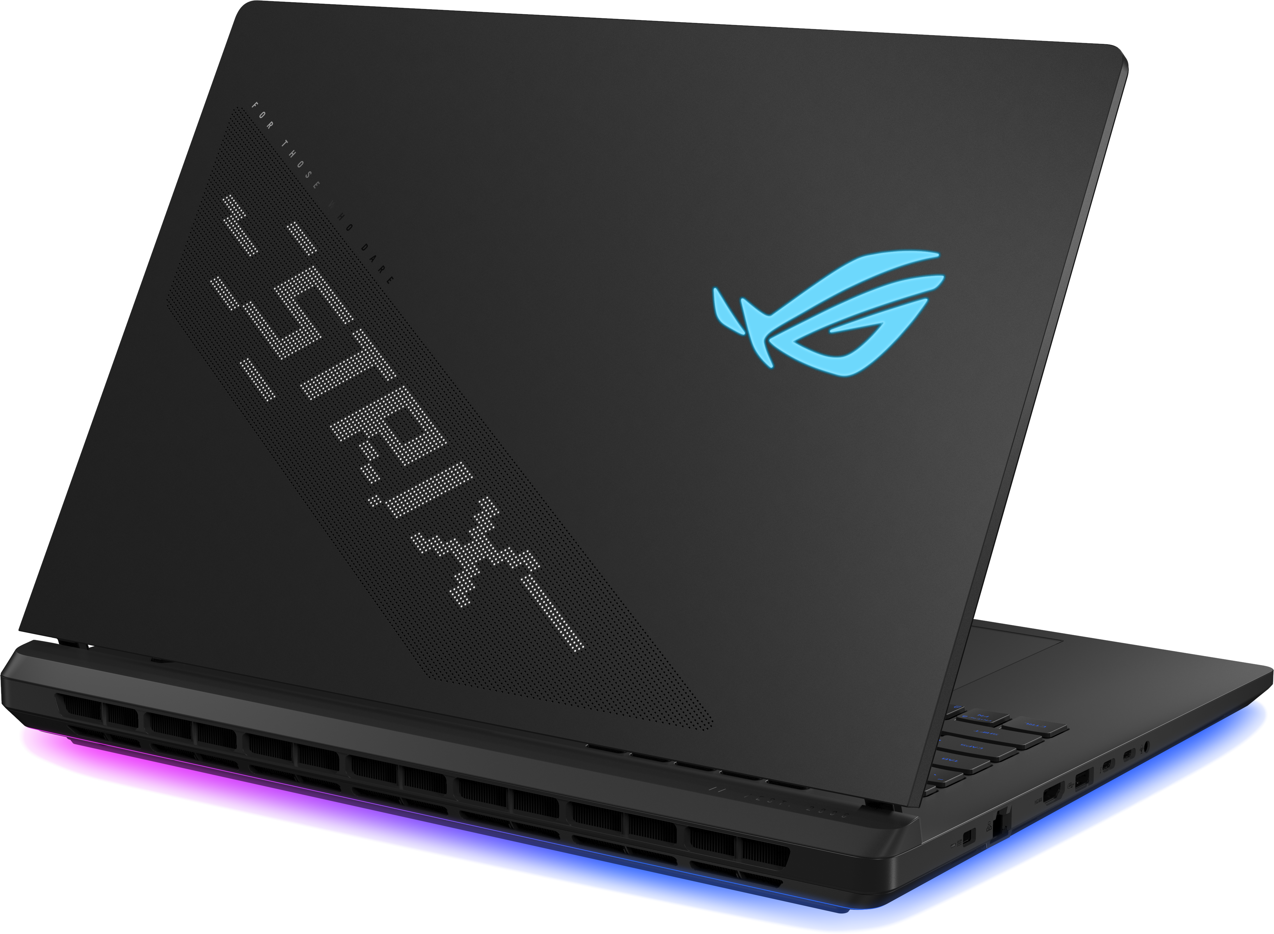 Schwarzer Laptop mit ROG-Logo. Der Boden hat einen Farbverlauf, und der Deckel hat weißen Text: FOR THOSE WHO DARE.