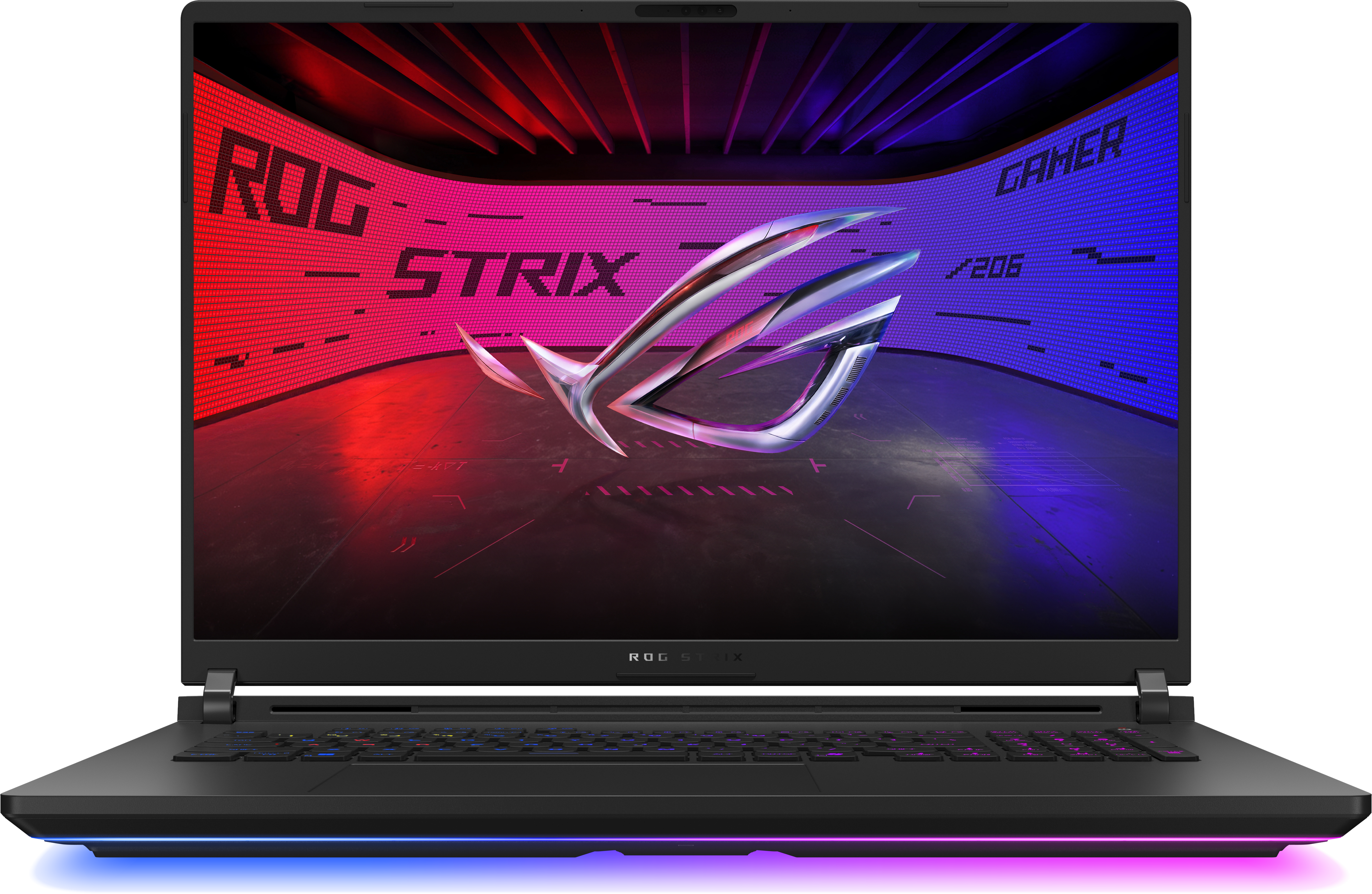 Schwarzer Laptop mit beleuchteter Tastatur. Bildschirm zeigt ROG Strix Logo. Rote und blaue Hintergrundbeleuchtung.
