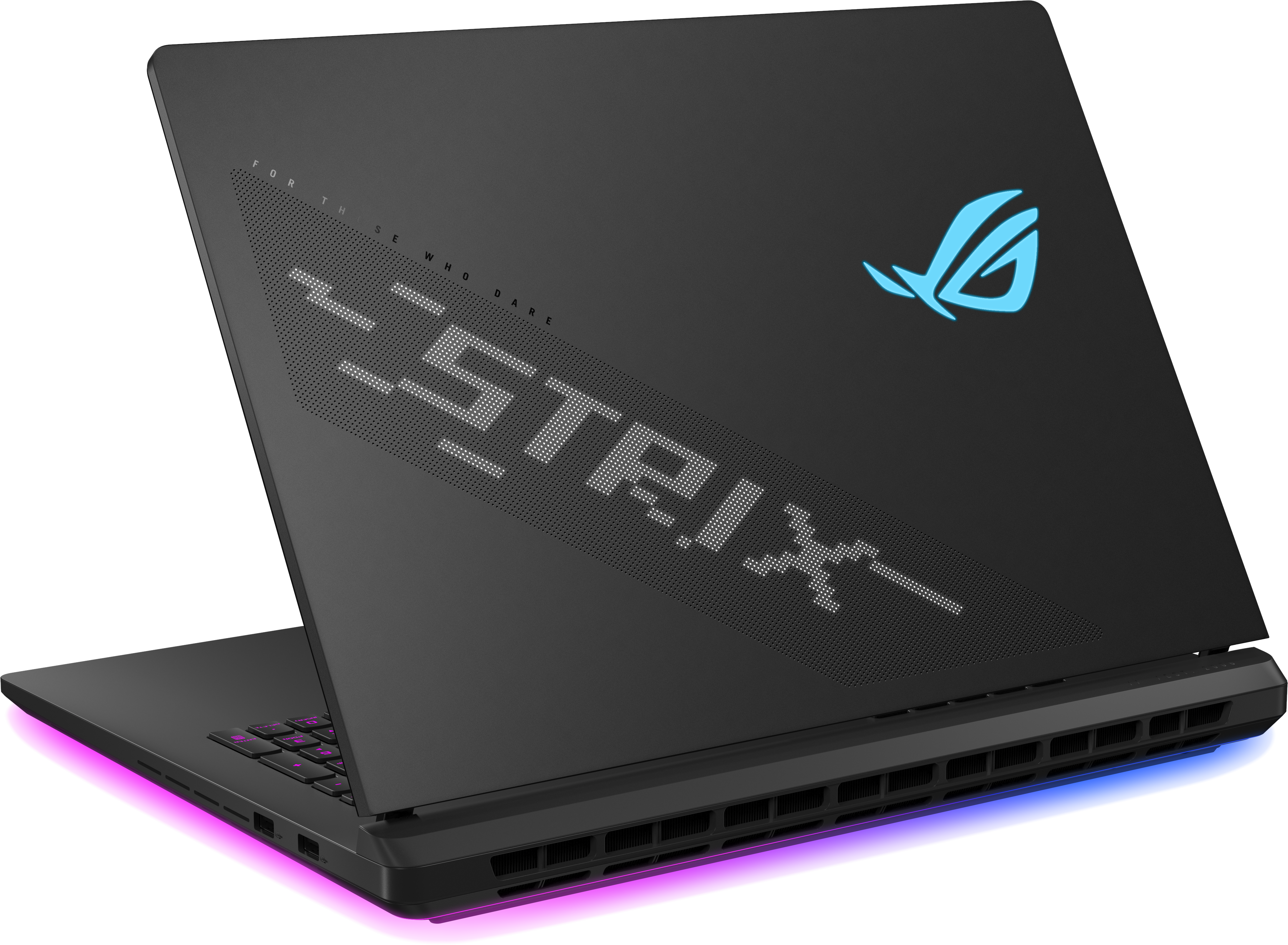 Schwarzer Laptop mit beleuchtetem Logo und Text. Pinke und blaue Lichter an den Kanten. Der Bildschirm ist geöffnet.