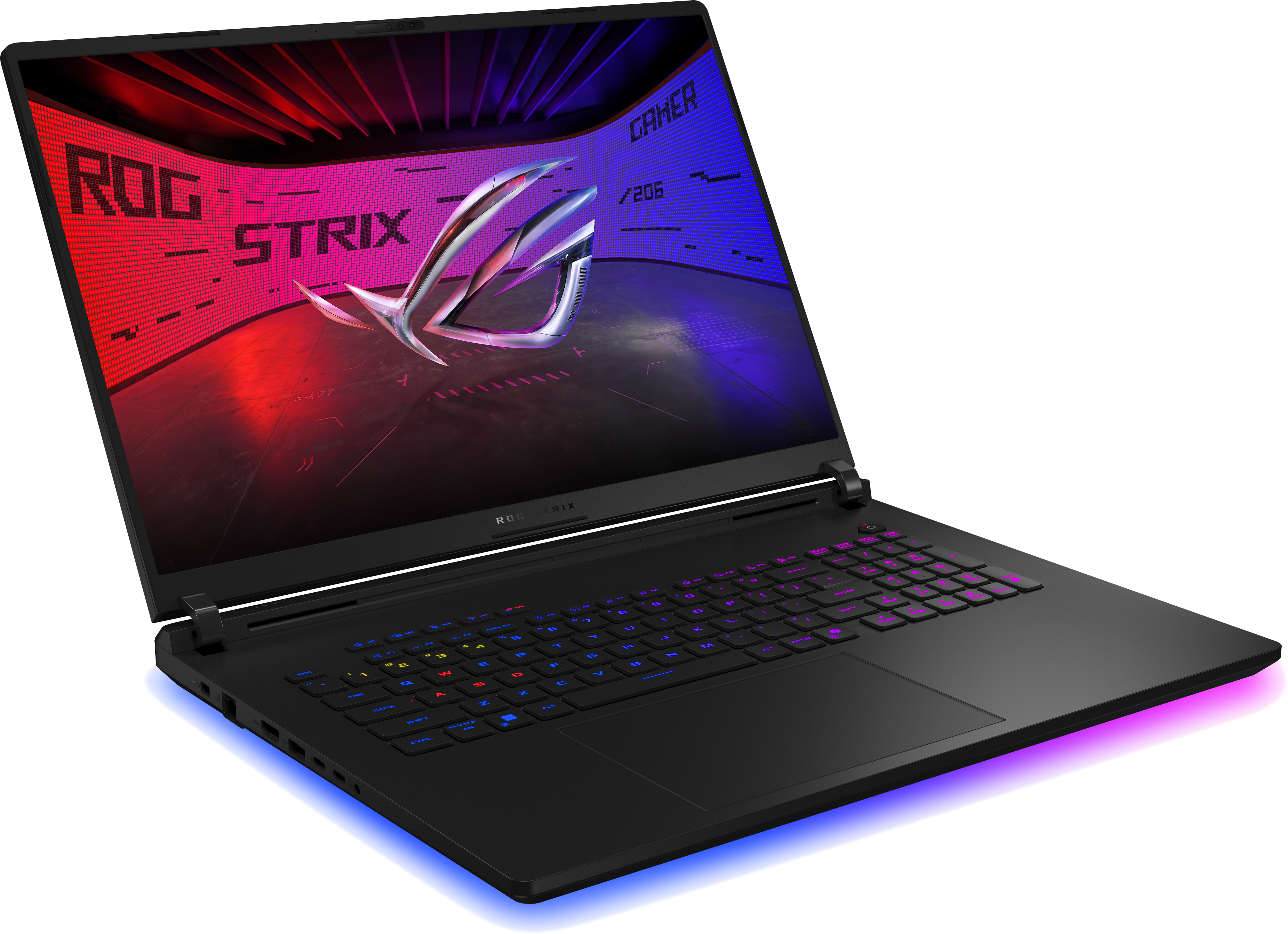 Schwarzer Laptop mit farbenfrohem Bildschirm. Tastatur beleuchtet. ROG Strix Logo sichtbar. Blaue und rosa Lichter.