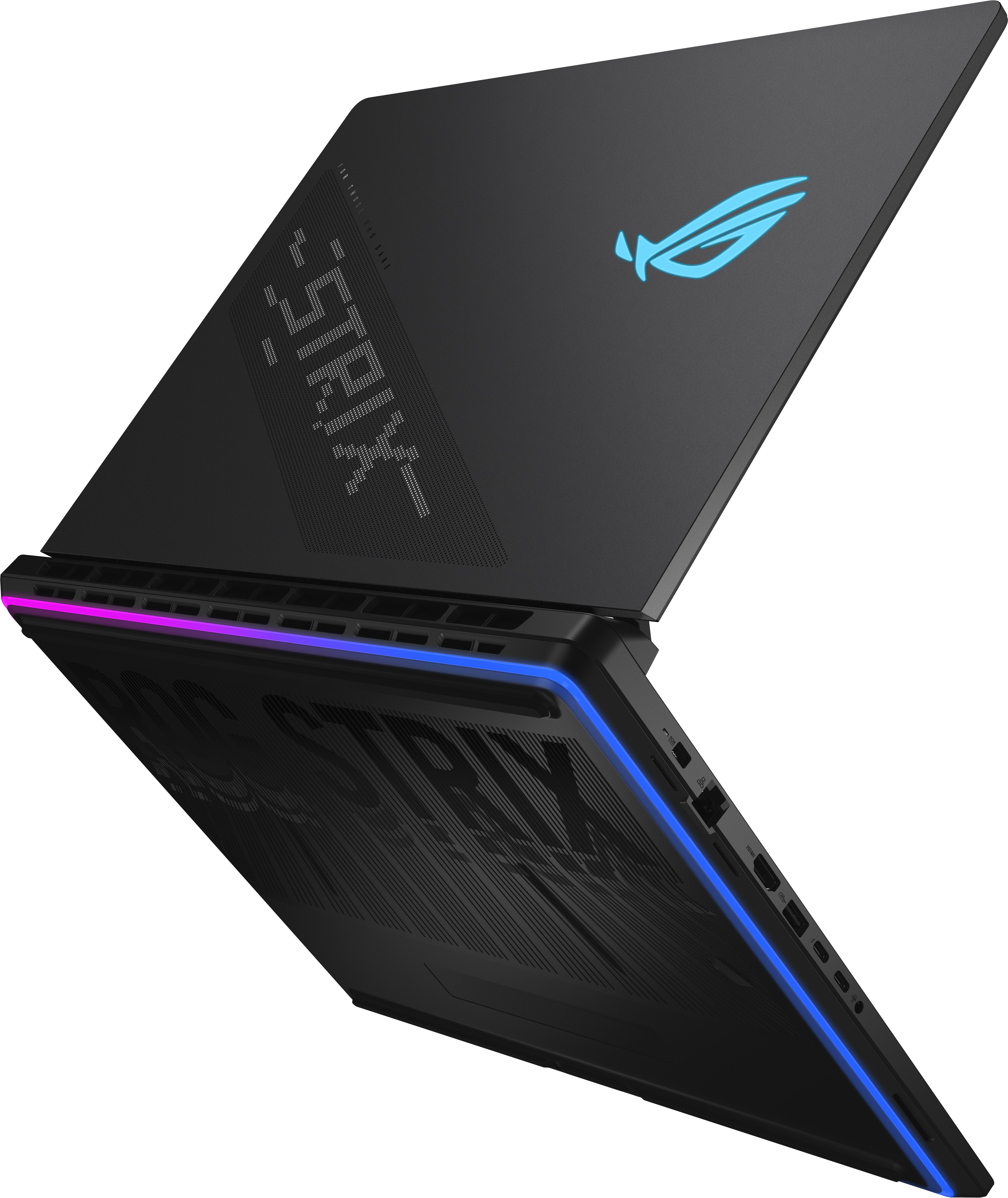 Schwarzer Laptop mit blau leuchtendem Logo und Kanten. Der Bildschirm ist geöffnet und zeigt das STRIX-Logo.