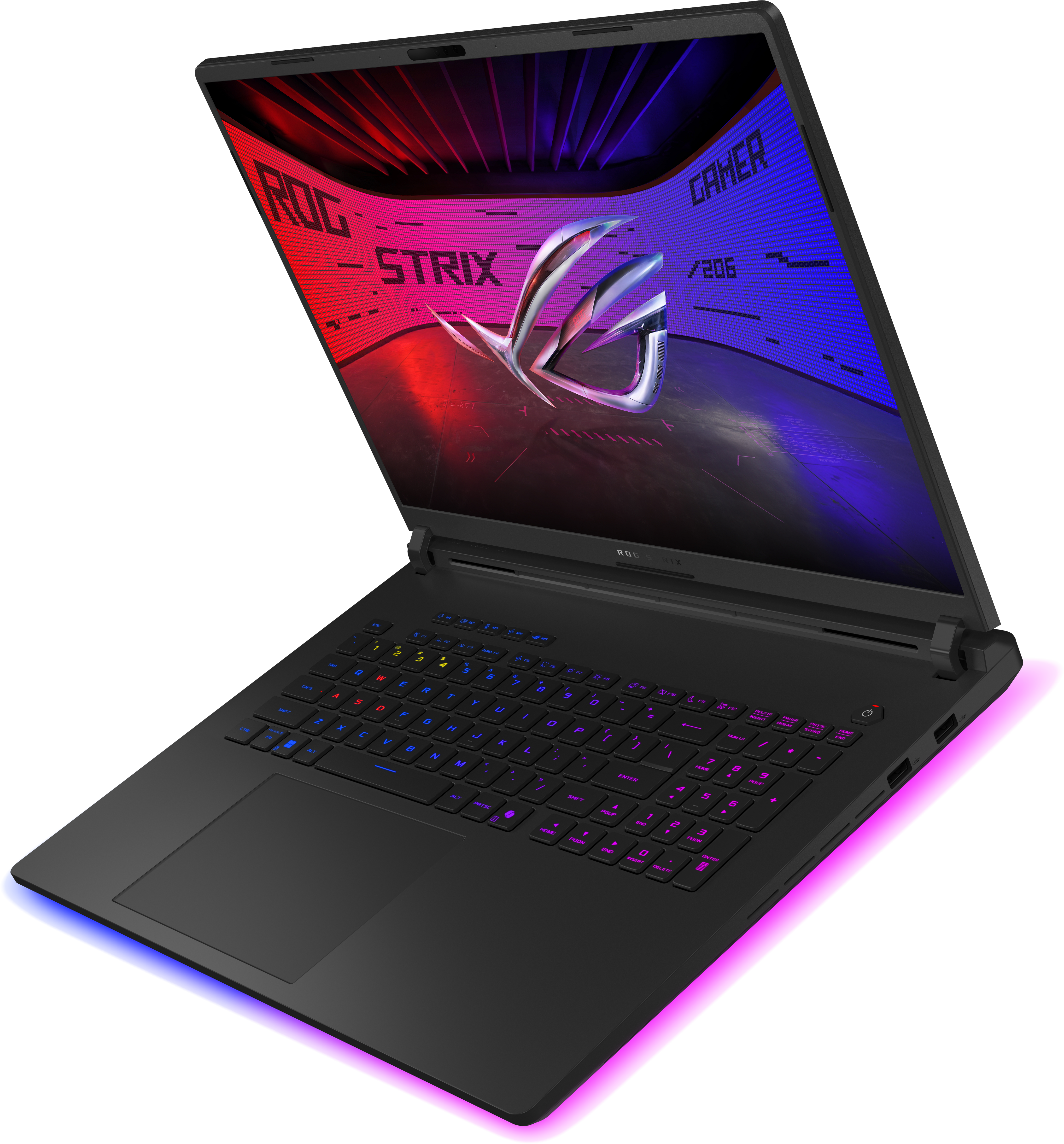 Schwarzer Laptop mit bunter Tastatur. Der Bildschirm zeigt ein Logo. Der Laptop ist geöffnet und abgewinkelt.