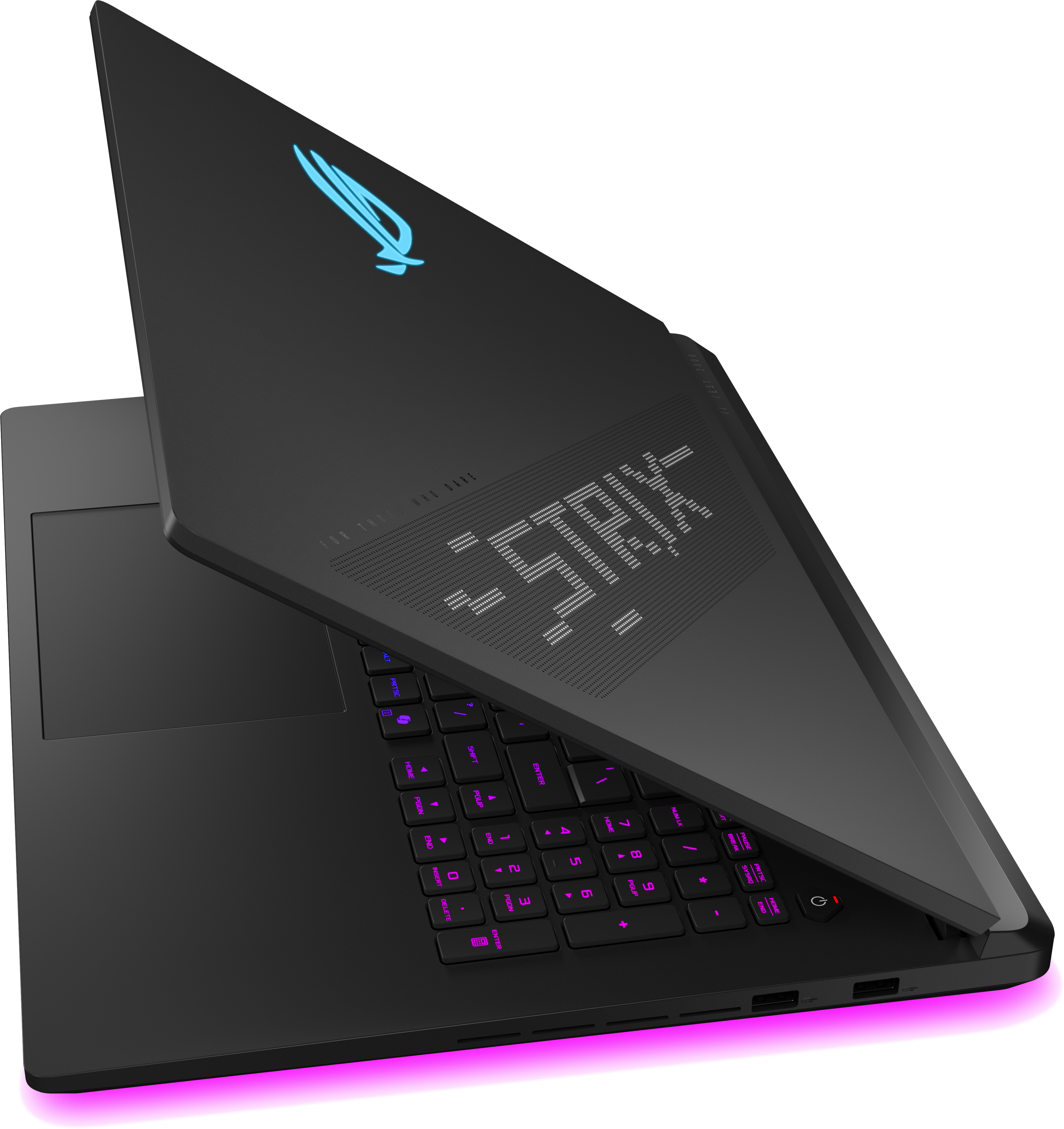 Schwarzer Laptop mit offenem Deckel, beleuchteter Tastatur und leuchtender pinkfarbener Basis auf schwarzem Hintergrund.