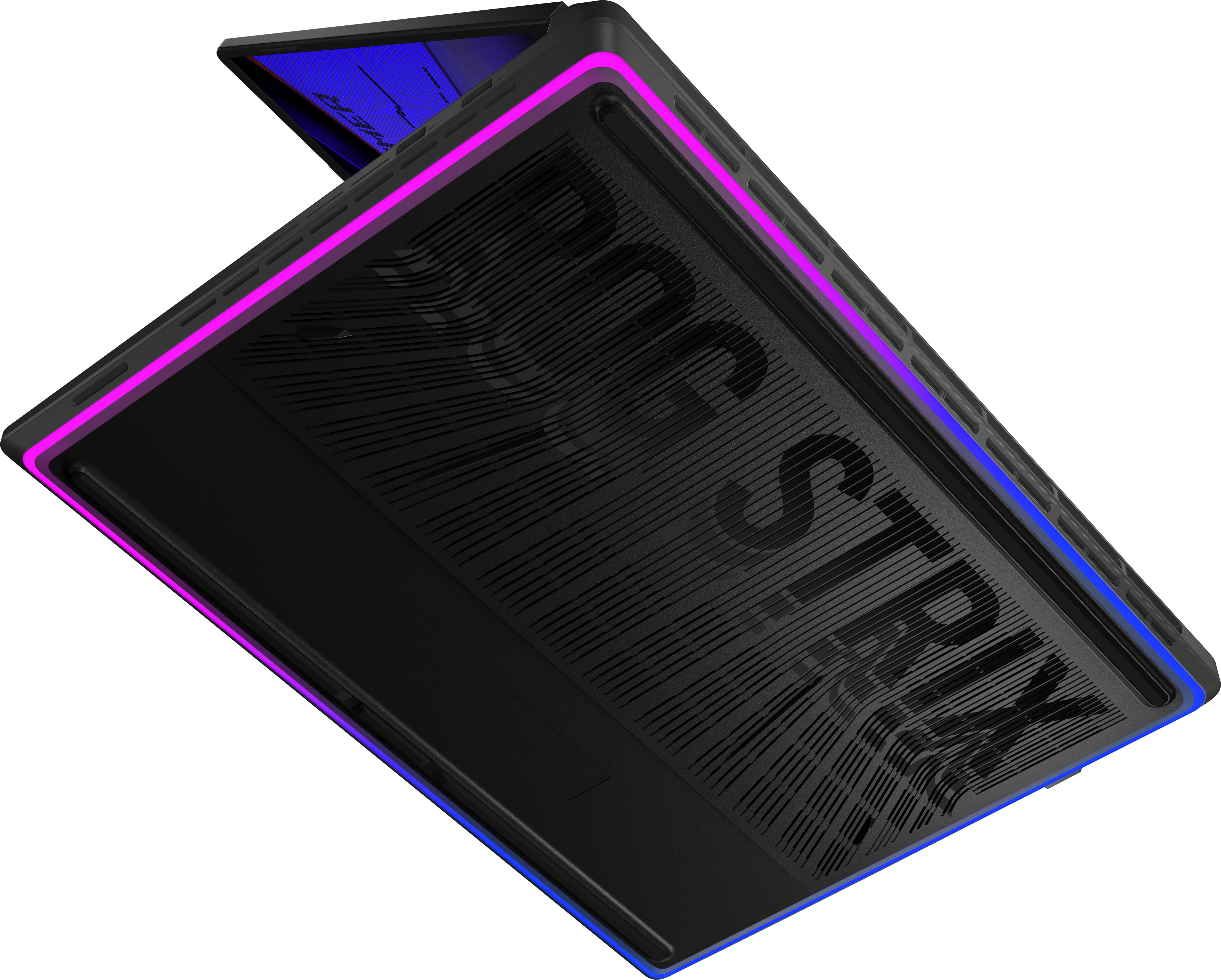 Schräge Ansicht eines schwarzen Laptops mit leuchtenden Kanten, der Bildschirm ist geöffnet, ROG STRIX Logo sichtbar.