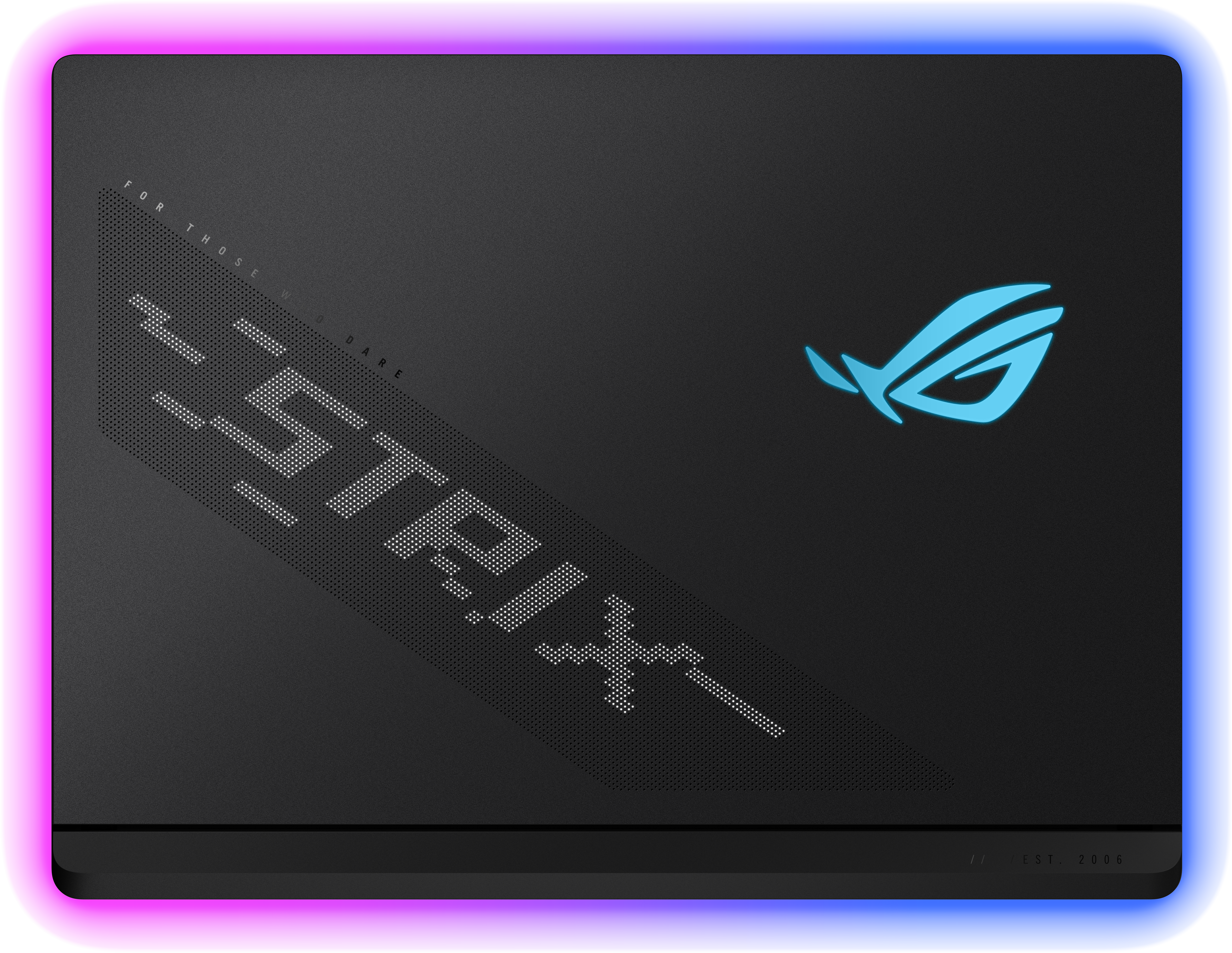 Schwarzer Laptop mit ROG Strix Logo. Er hat ein perforiertes Design und einen leuchtenden Rand.