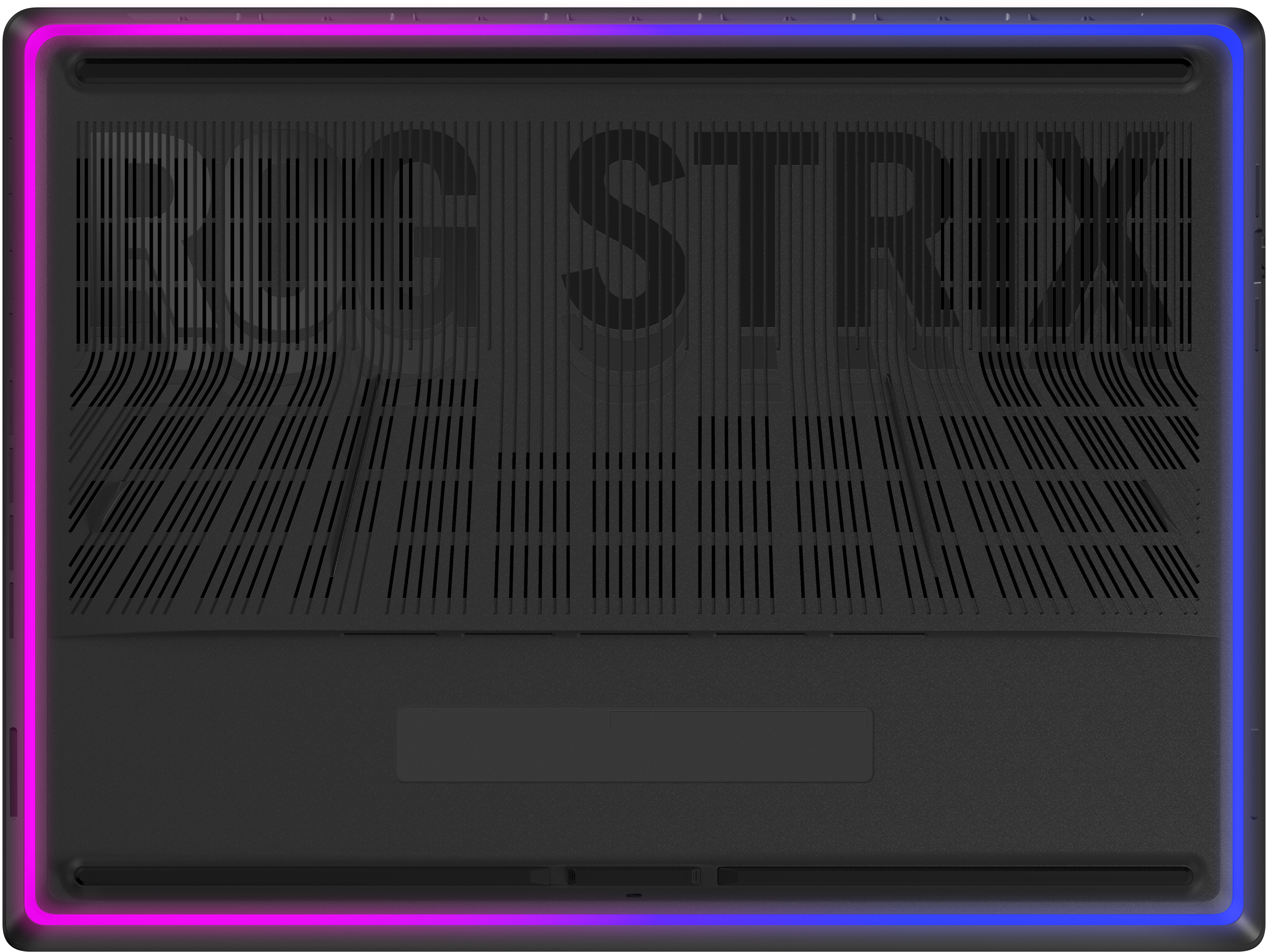 Schwarzer Laptop-Sockel mit RGB-Rahmen, Lüftungsdetails und dem ROG STRIX-Logo.