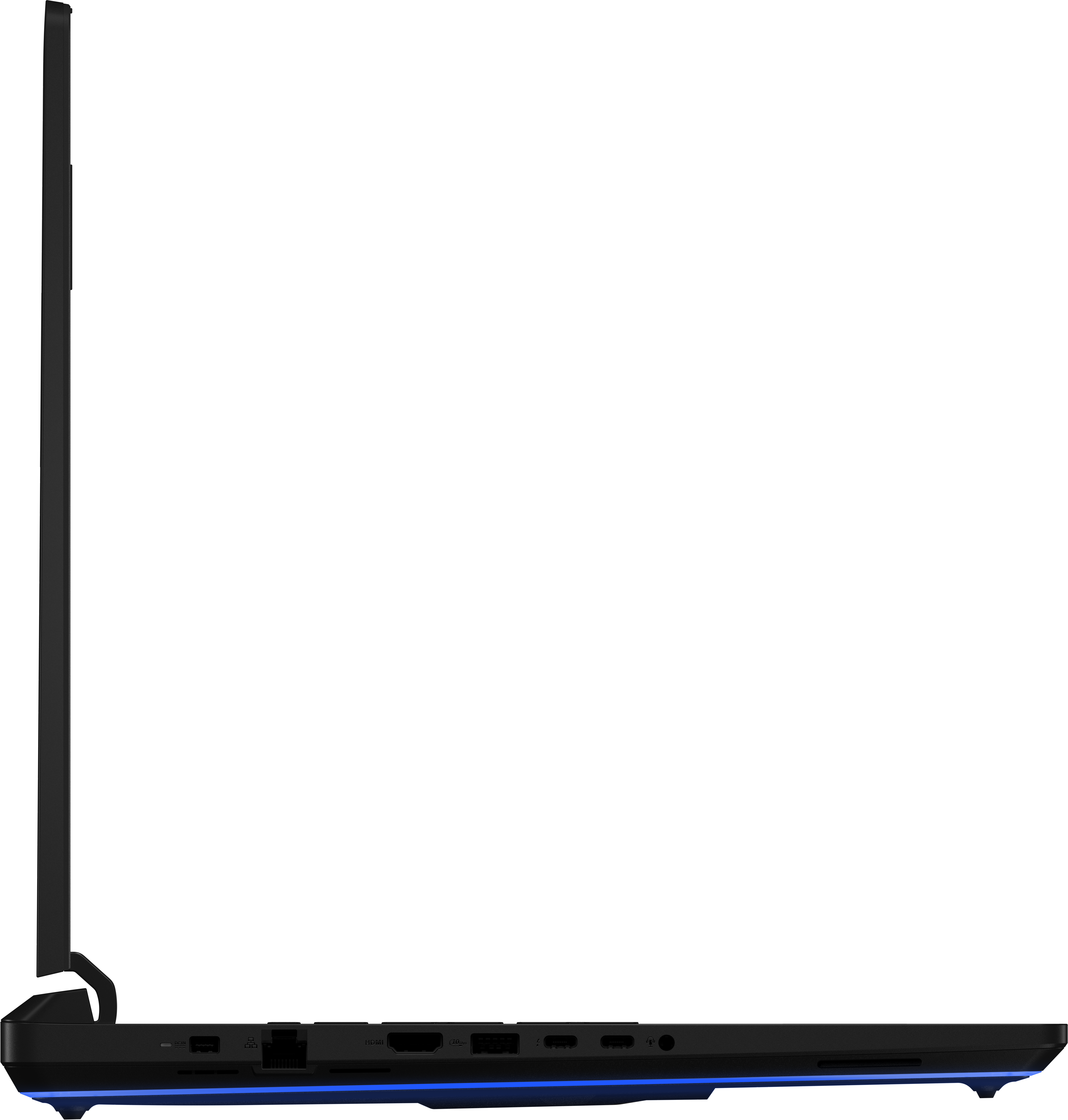 Seitenansicht eines schwarzen Laptops. Es hat blaue Lichter am unteren Rand und Anschlüsse.