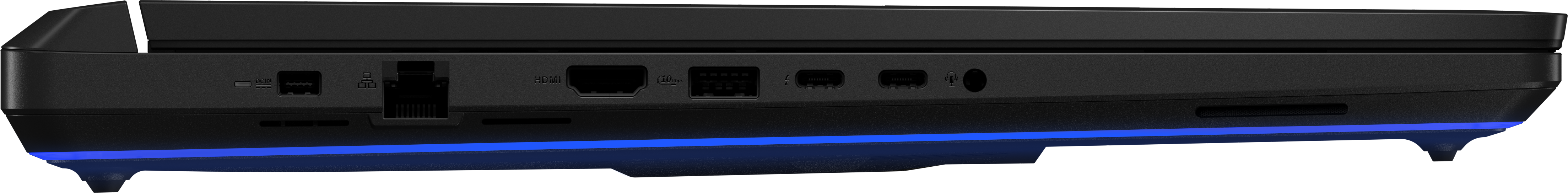 Schwarze Laptop-Seitenansicht mit Anschlüssen, blaues Licht unten. Enthält HDMI, USB und Audiobuchsen.