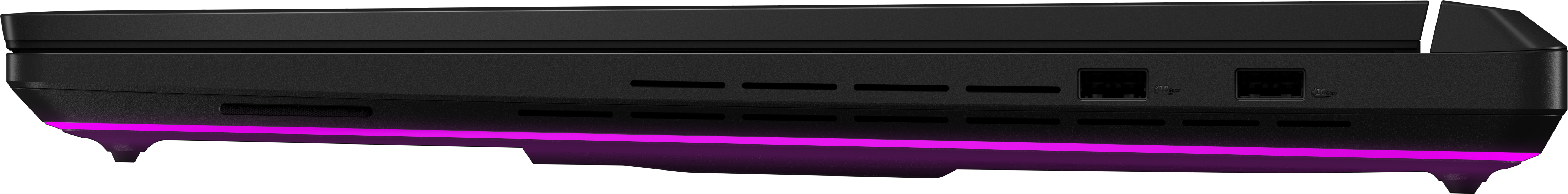 Schwarzes Gerät mit rosa Licht. Es hat Anschlüsse, Lüftungsschlitze und ein schlankes Design.