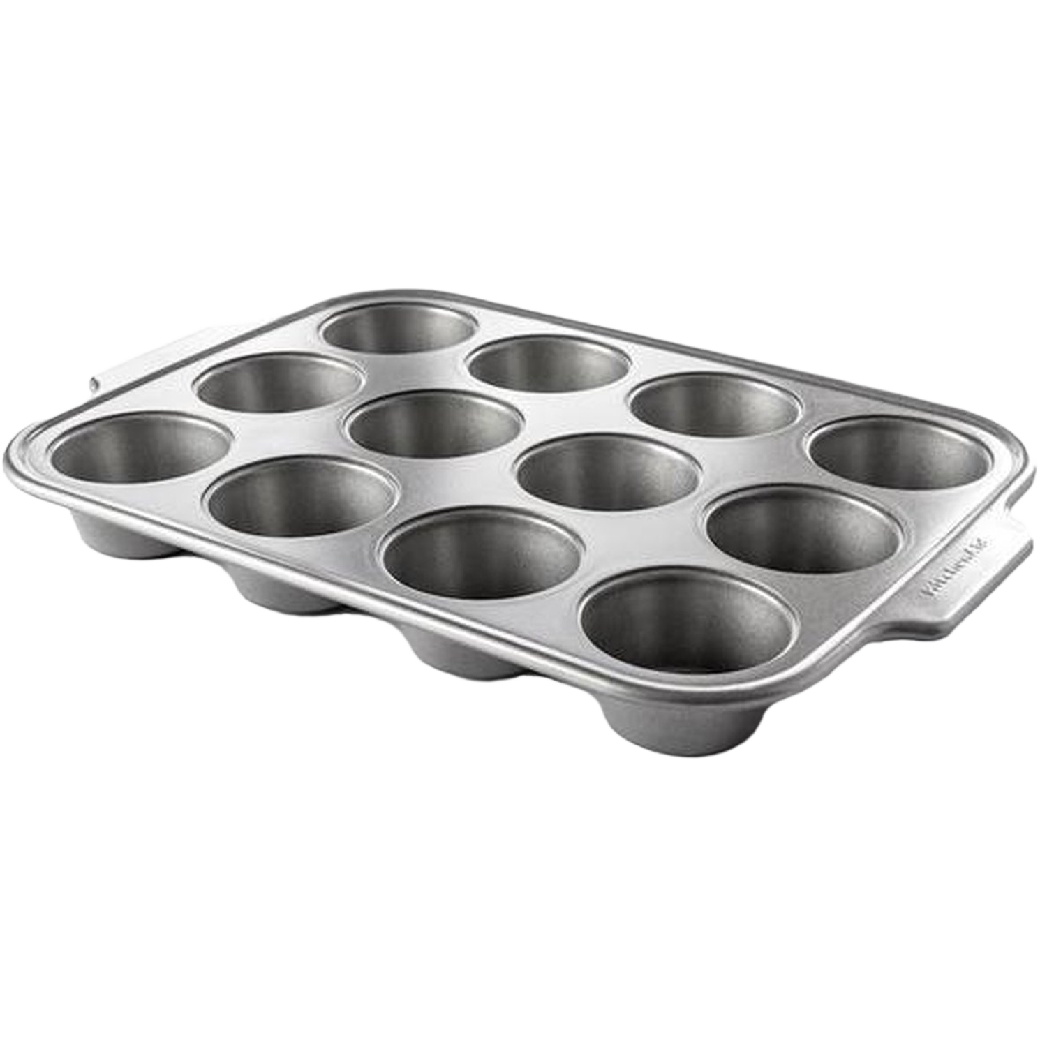 Een rechthoekige, zilveren muffinvorm met 12 ronde cups. Het heeft handvatten aan beide zijden en staat op een witte achtergrond.