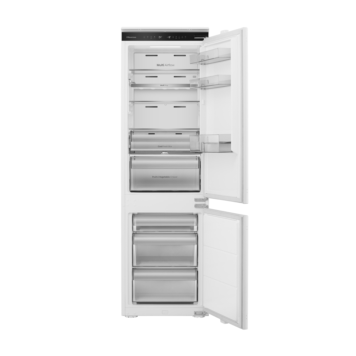 Un frigorifero Hisense bianco con ante aperte, che mostra ripiani, cassetti e scomparti etichettati Multi Airflow, Cool Fresh Box e Fruit & Vegetable Crisper.