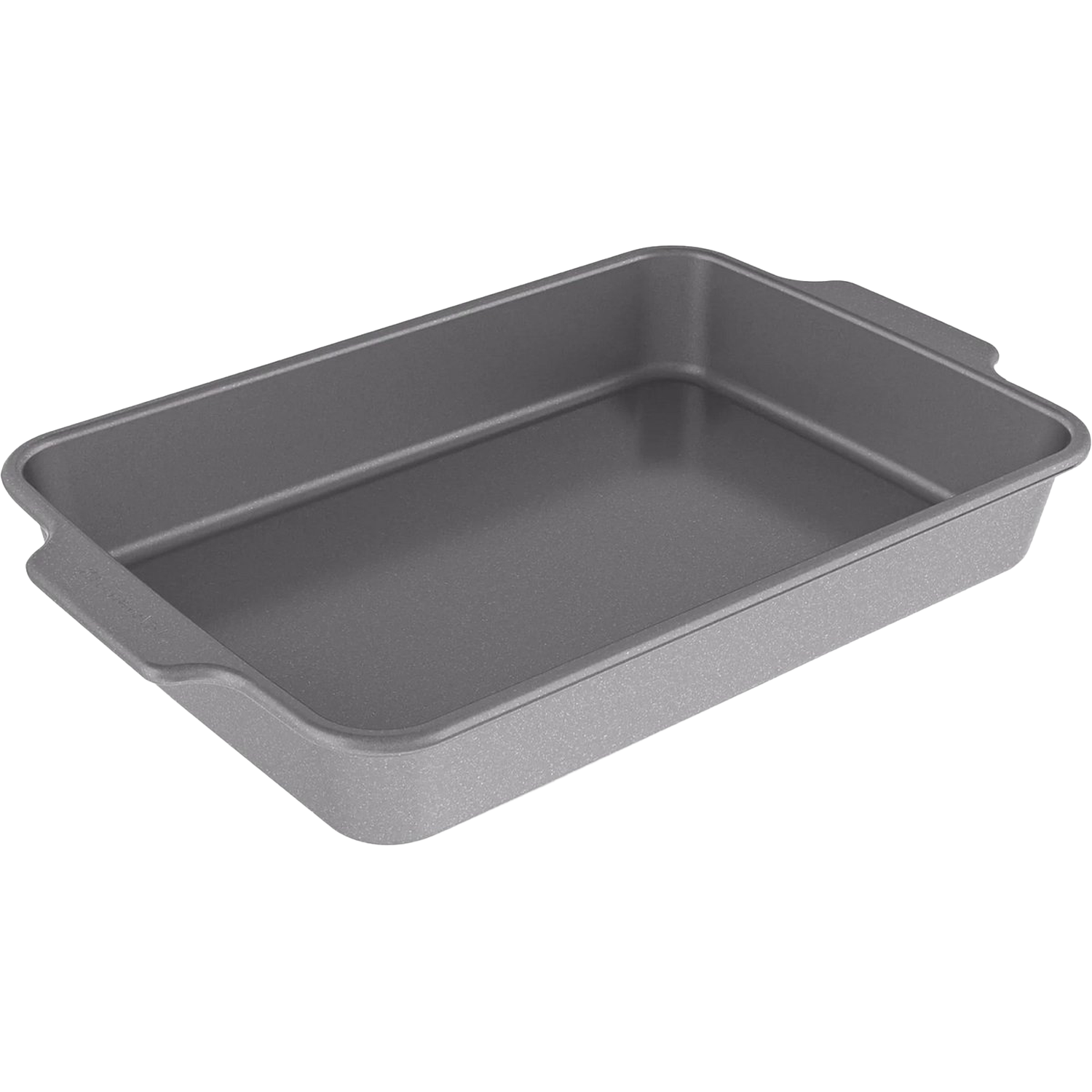Un plat à four rectangulaire gris avec des poignées sur fond blanc. Le plat est vide et légèrement incliné.