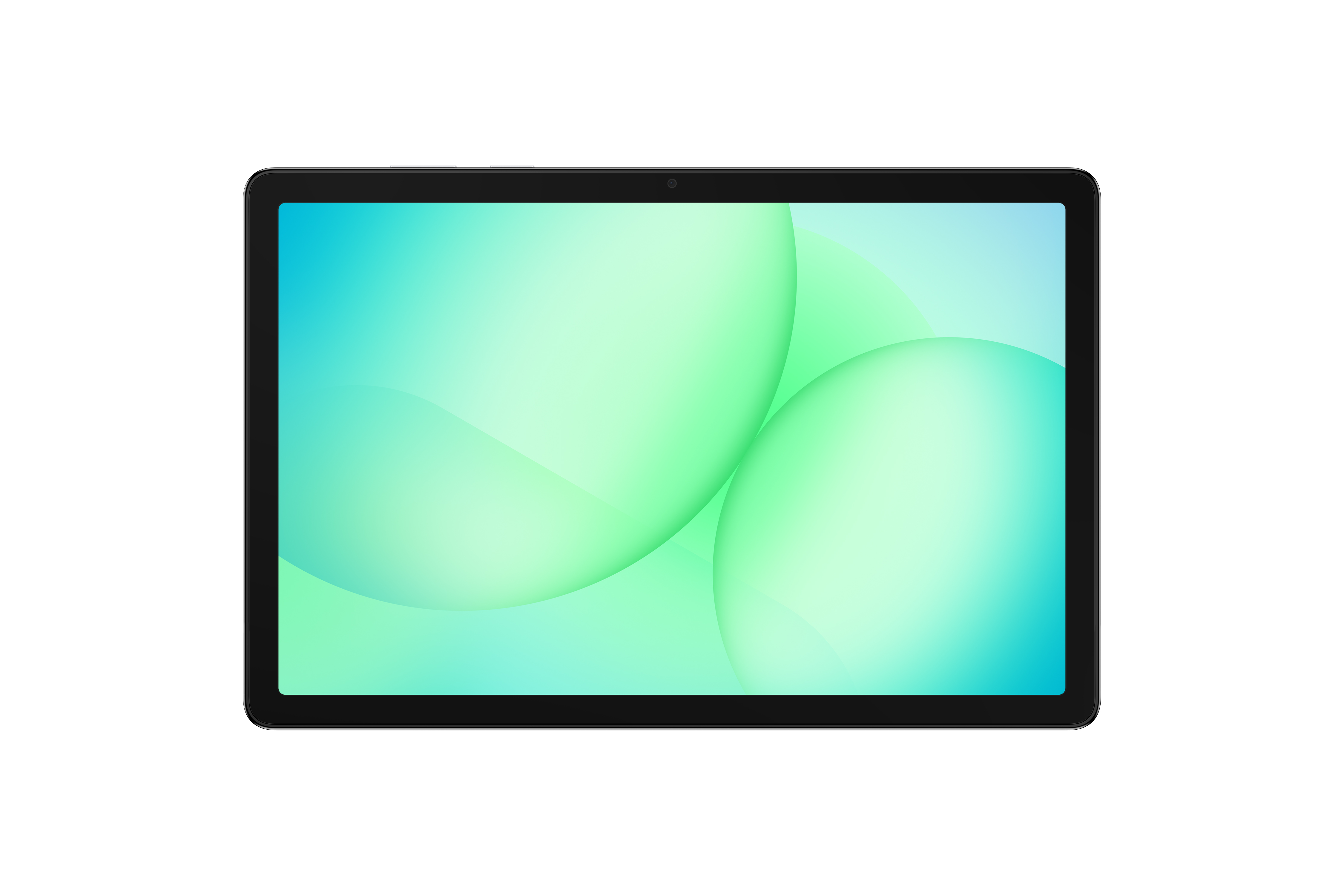 Tablet mit schwarzem Rahmen und Bildschirm mit grünen und blauen abstrakten Formen, vor weißem Hintergrund.