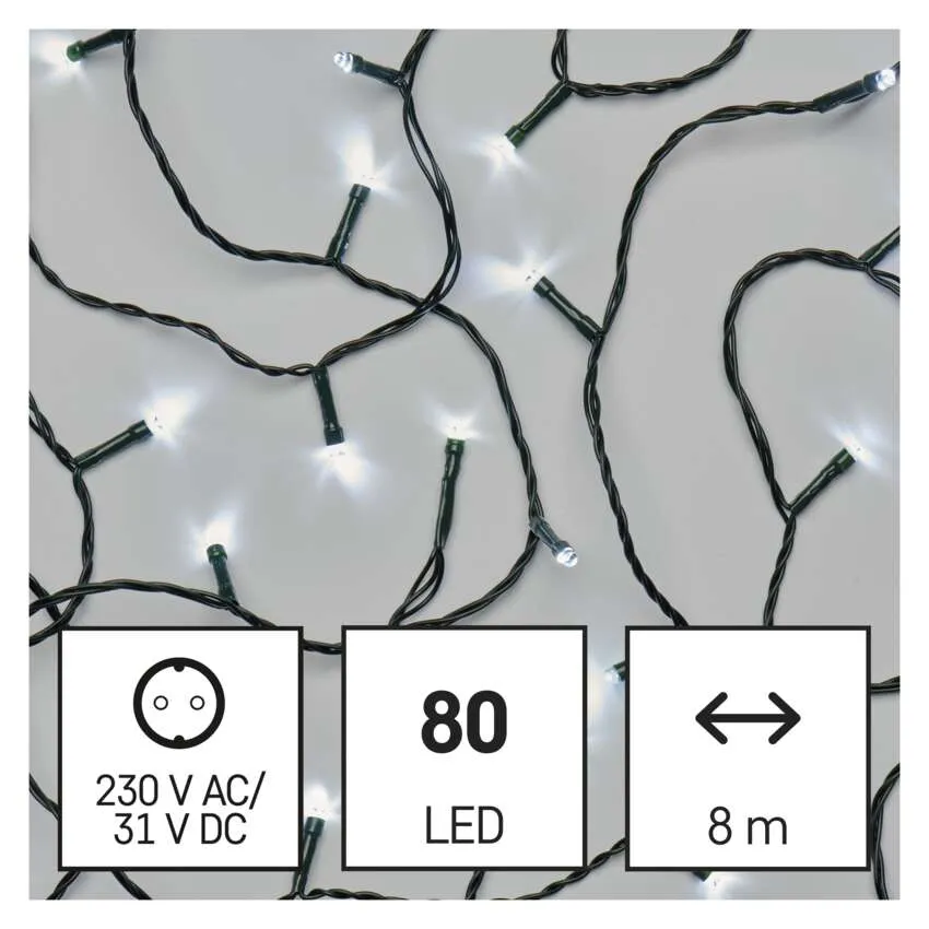 Füzérfény 80 LED-del, 8 m hosszú, 230 V AC/31 V DC bemenettel. Fekete vezetékek fehér fényekkel fehér háttéren.