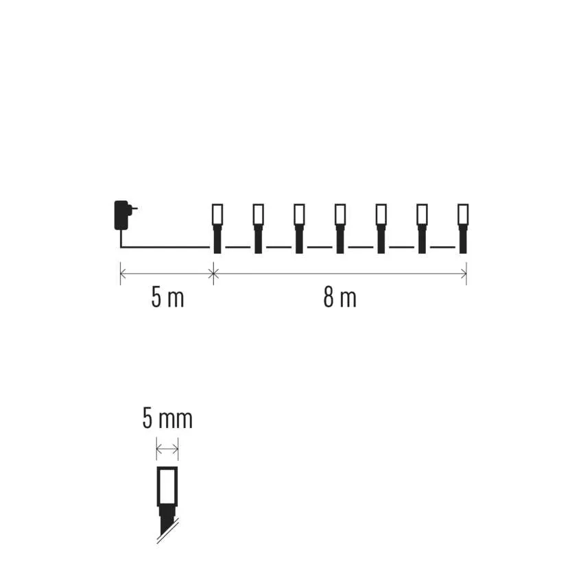Egy füzér diagramja. Megmutatja a méreteket: 5 m, 8 m és 5 mm. Van egy dugó és több téglalap alakú lámpa.