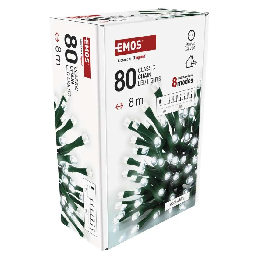 EMOS LED lámpák doboza. A doboz a lámpákat, a márkát és a specifikációkat, mint a hossz és a módok mutatja.
