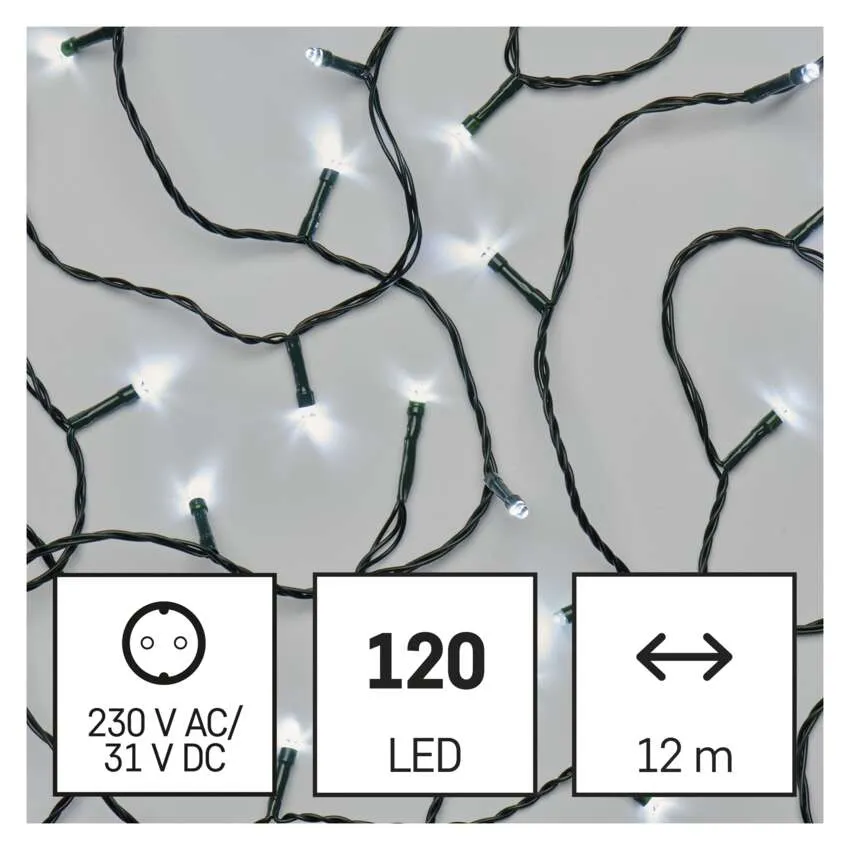 Fehér LED-es lámpák sora fekete vezetéken, teljesítmény- és hosszúsági adatokkal. Szöveg: 120 LED, 12 m, 230 V AC/31 V DC.