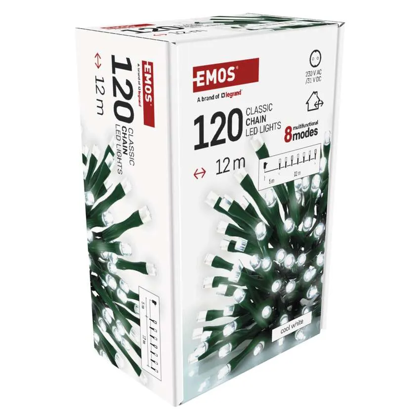 Egy doboz EMOS Classic LED-lámpa, 120 lámpa, 12 méter hosszú. Fehér és zöld lámpák. Hideg fehér szín.
